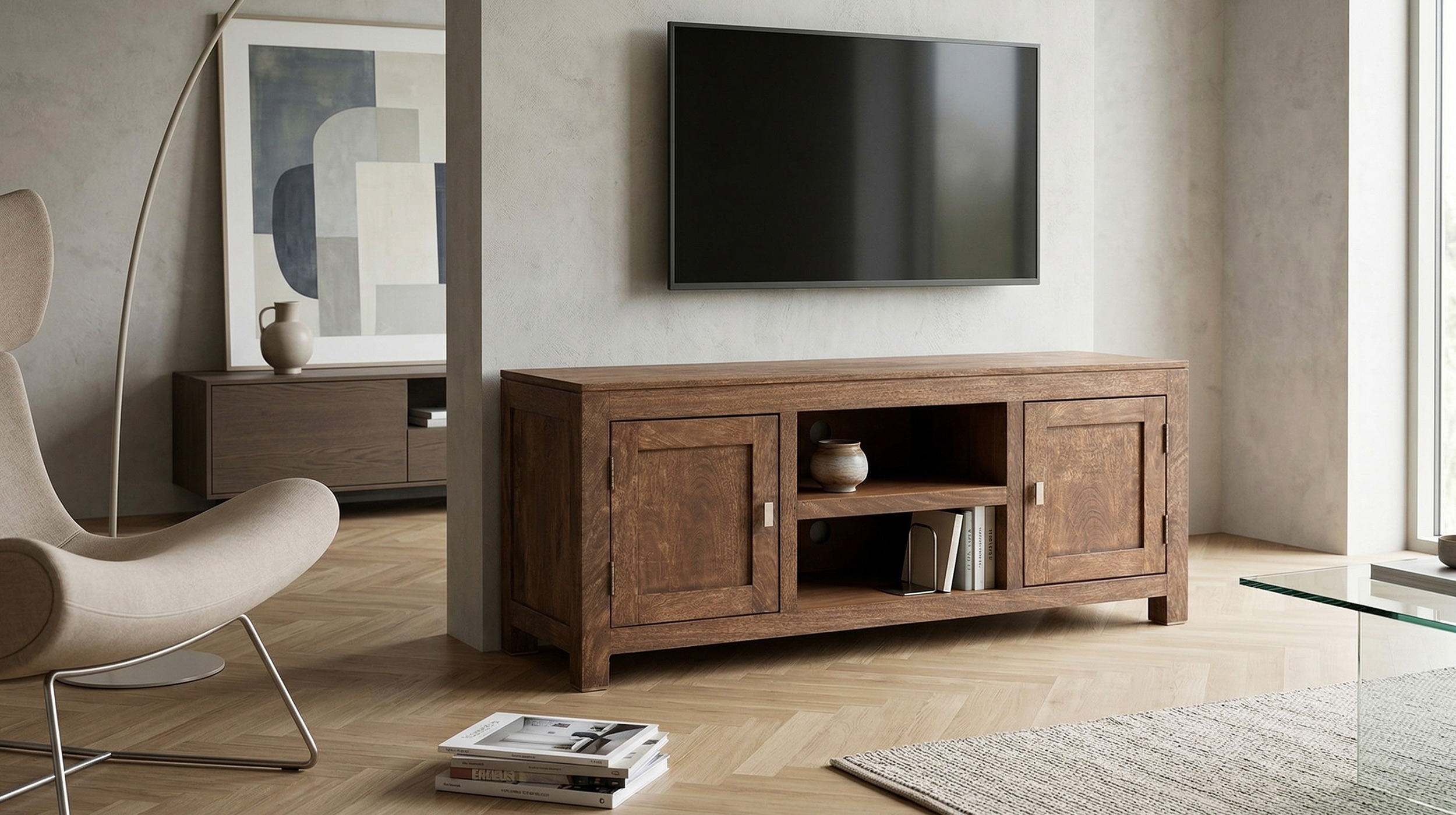 TV-Lowboard Mango massiv gebeizt montiert 145 cm - MANGALA