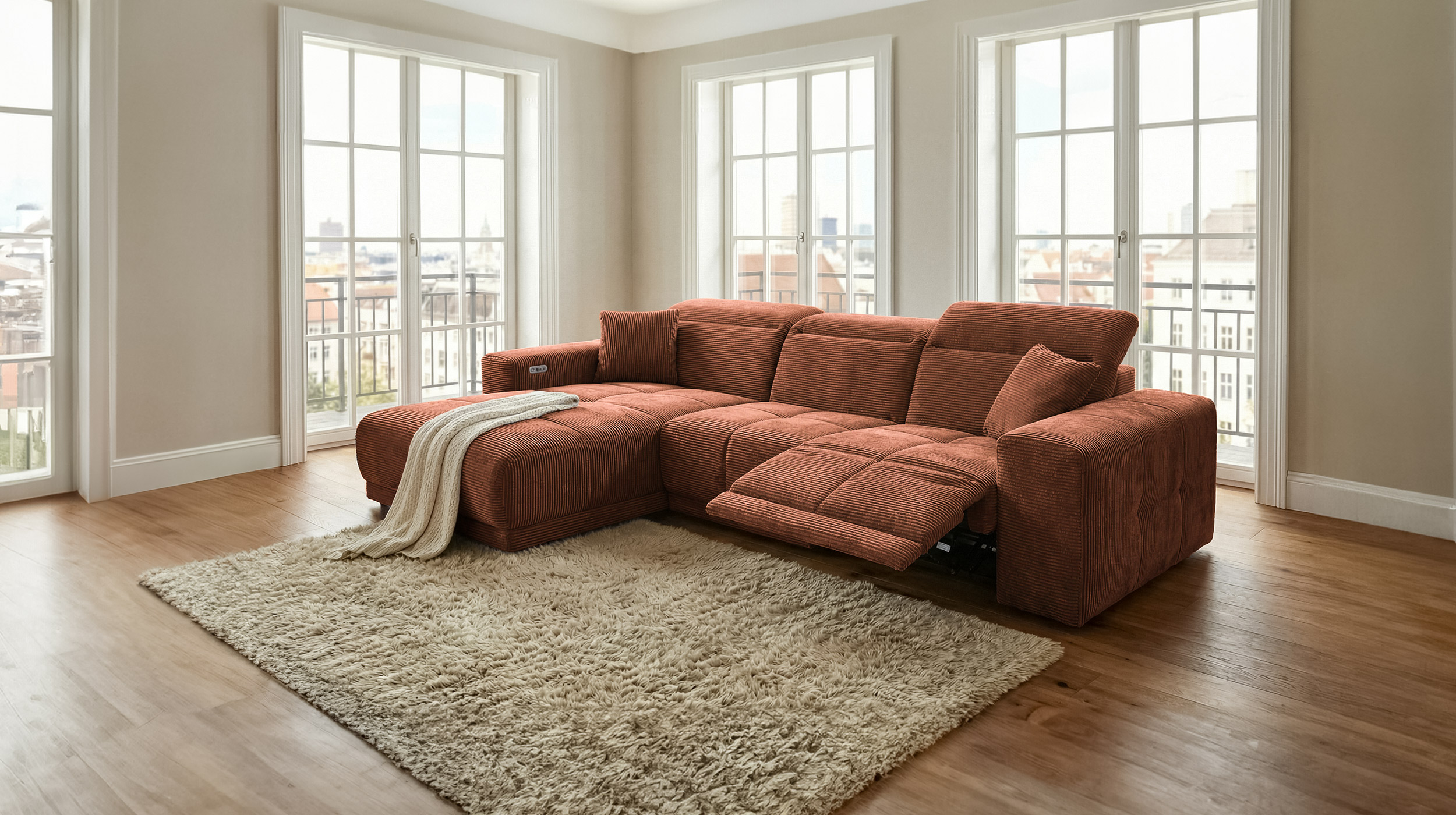 Ecksofa Cord rost 302 x 167 cm mit Relaxfunktion - OT links - TONI