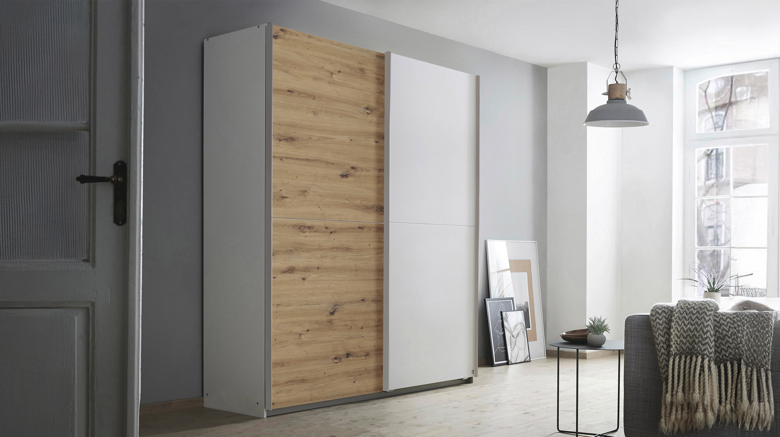 Schwebetürenschrank Eiche weiß - 175 cm 2-türig - SATURN 