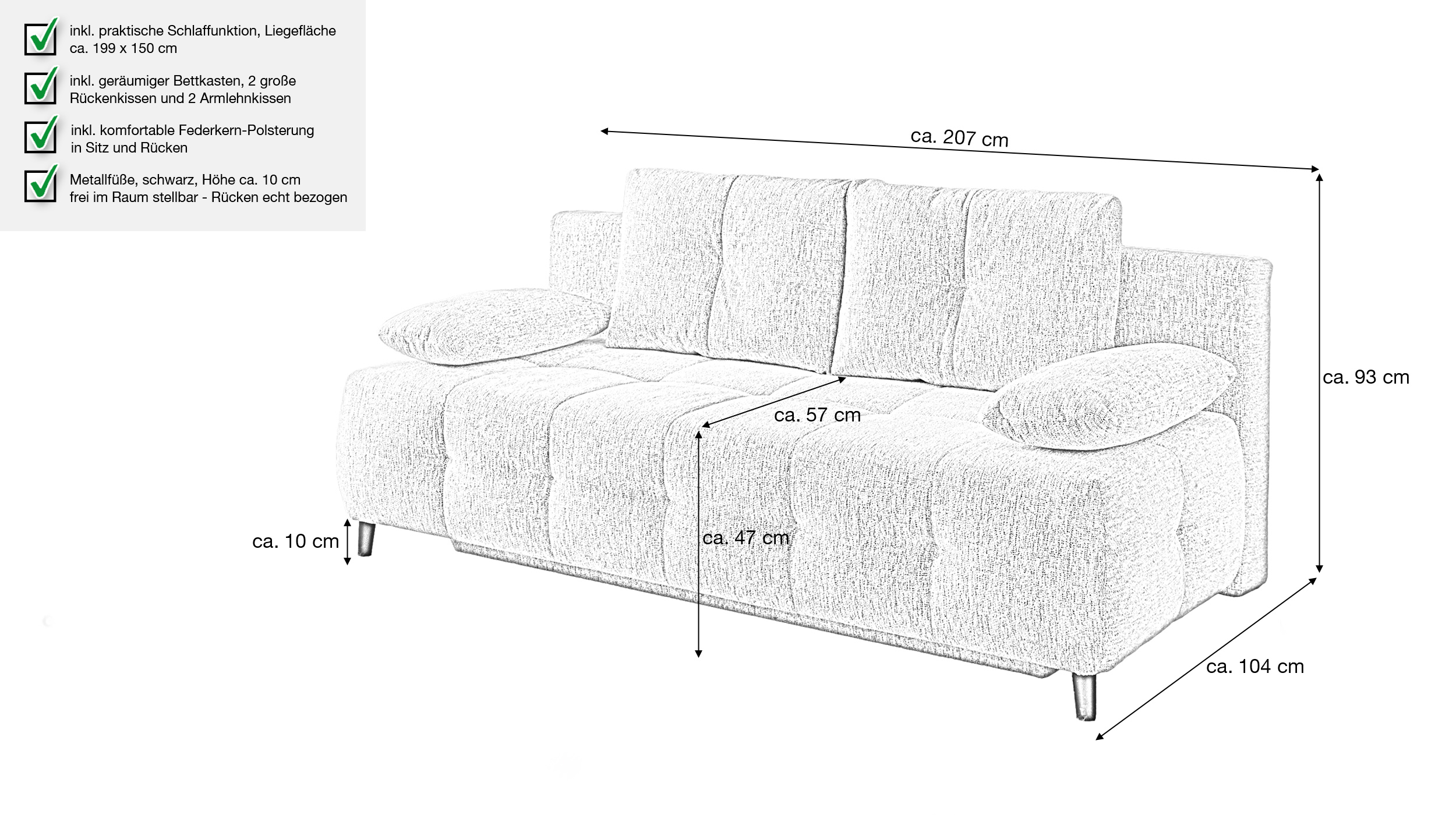 Schlafsofa grau 207 cm mit Bettkasten Federkern - PHIL 