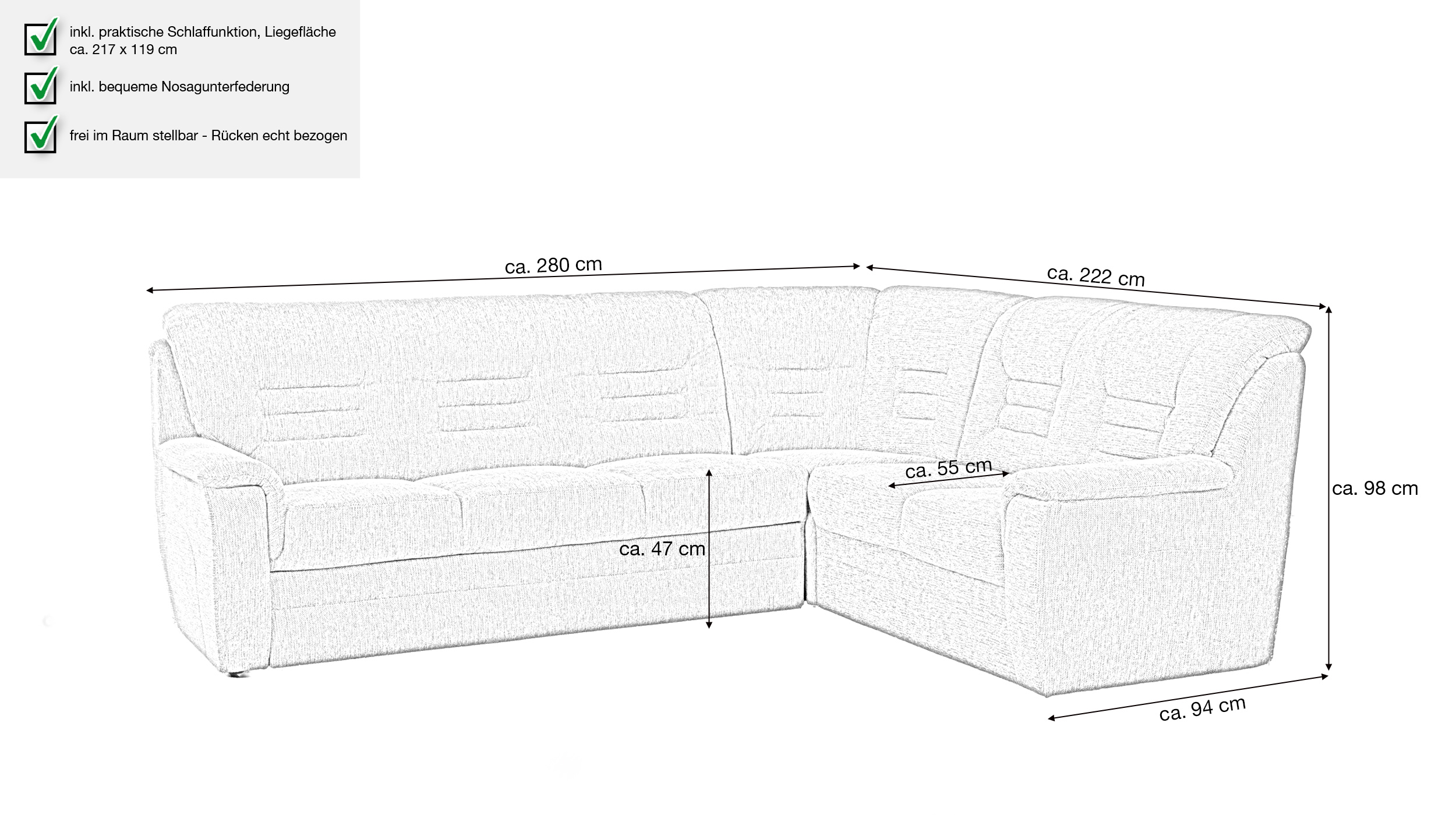 Ecksofa mit Schlaffunktion grau ausziehbar - 280 cm - MERLIN