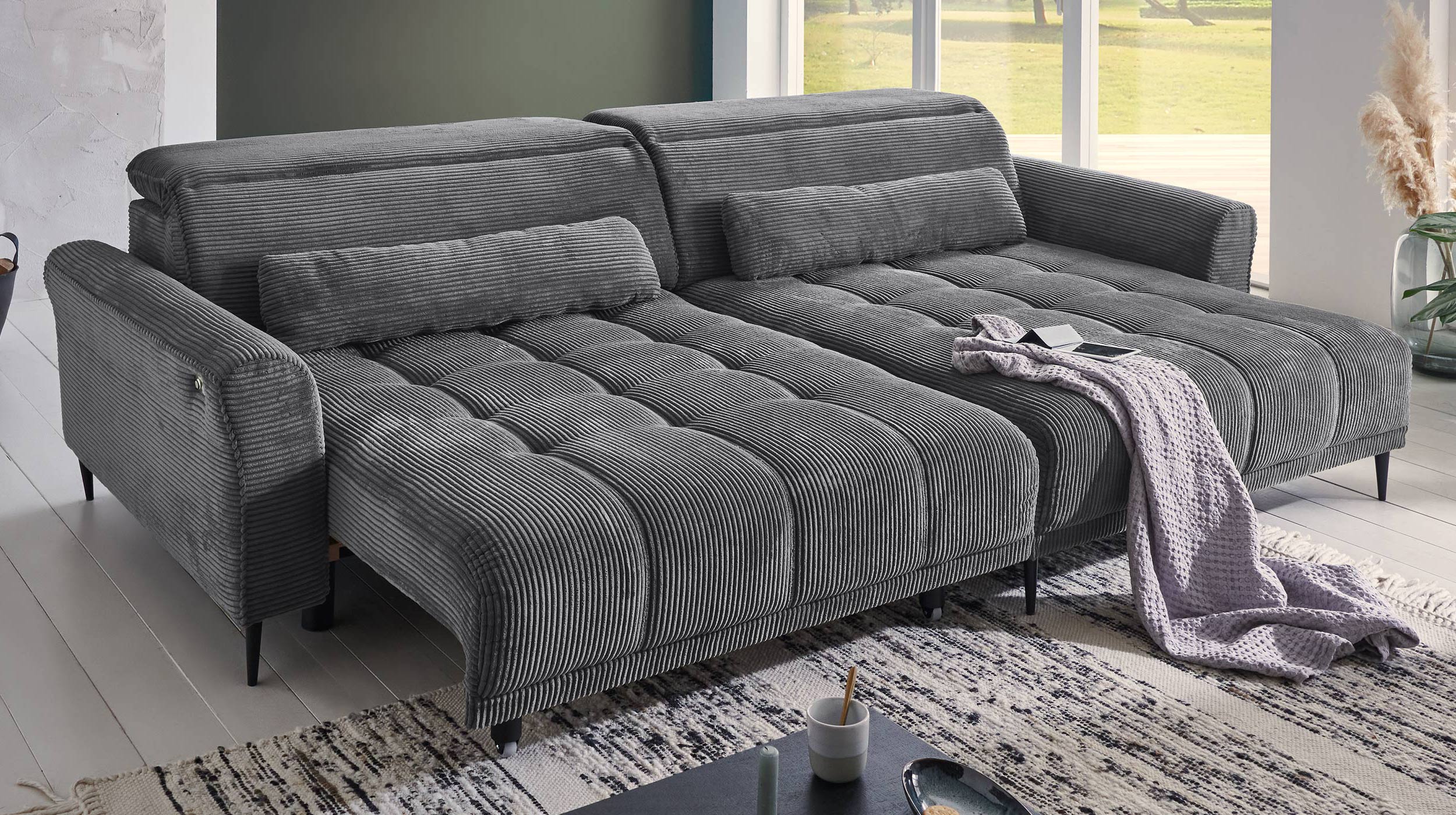 Ecksofa Cord grau ausziehbar - Sitztiefenverstellung - 277 cm - OT rechts - LOGAN