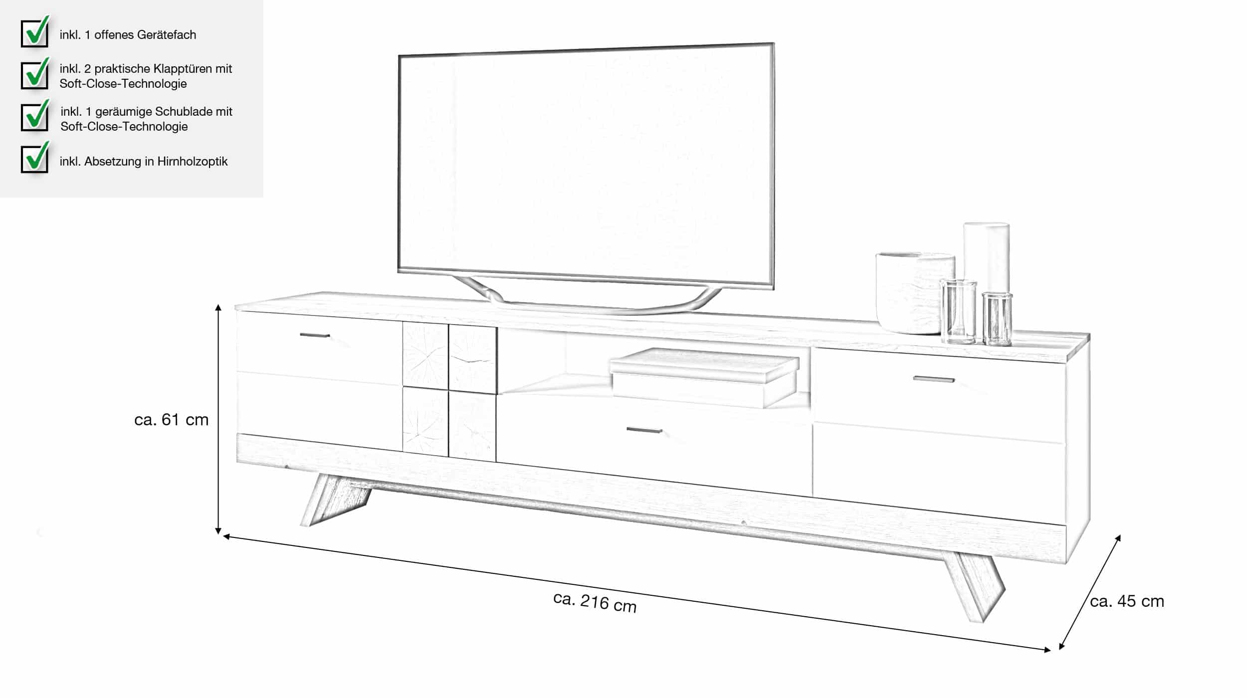 TV - Lowboard weiß Hochglanz - Coast Evoke Eiche 216 cm - ORETA