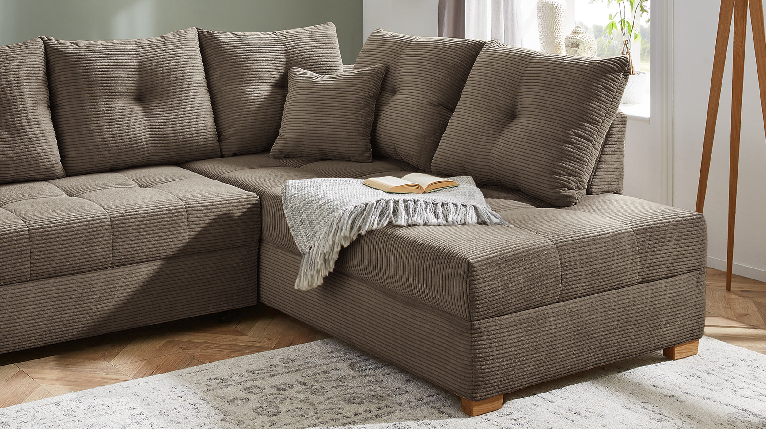 Ecksofa Cord taupe - Schlaffunktion Bettkasten 228 cm - HEIDELBERG