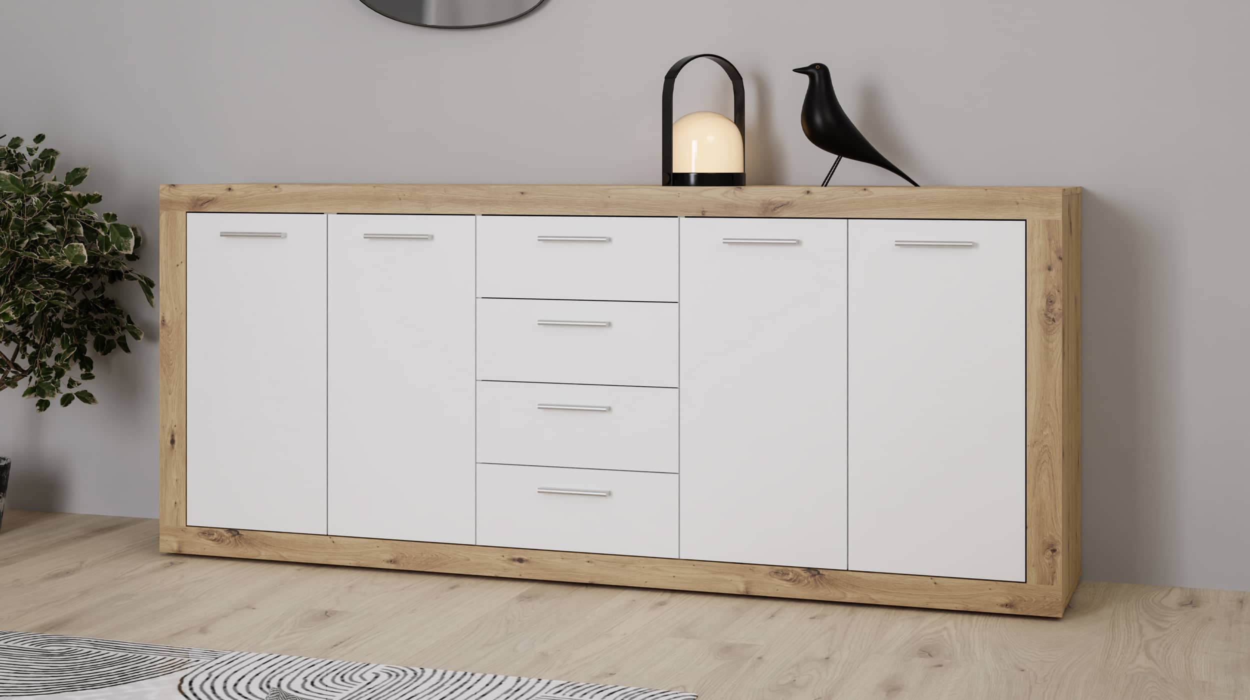 Sideboard weiß - Artisan Eiche 197 cm 4-türig - BACCIO