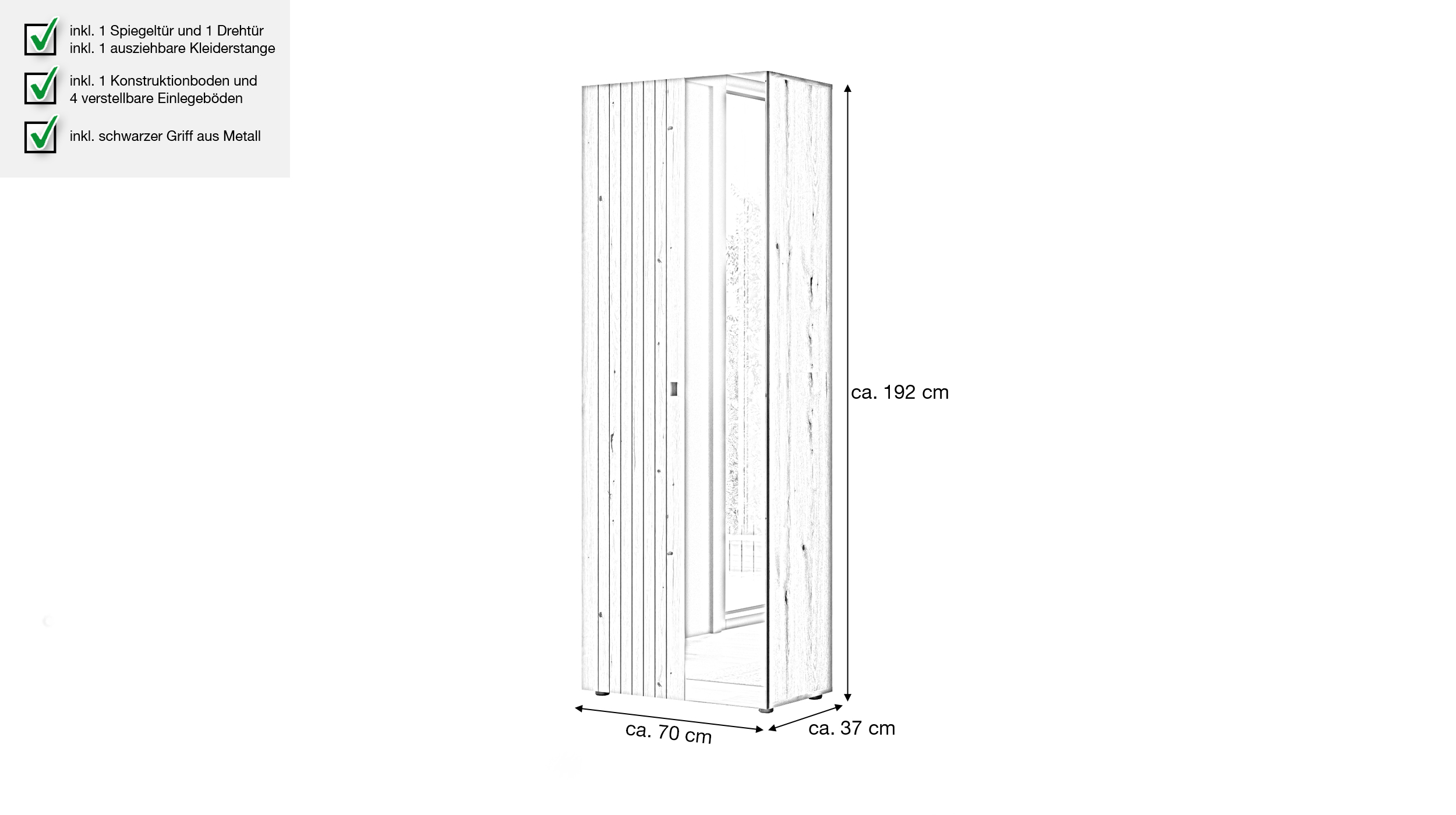 Garderobenschrank mit Spiegel Evoke Eiche 70 cm - STATION