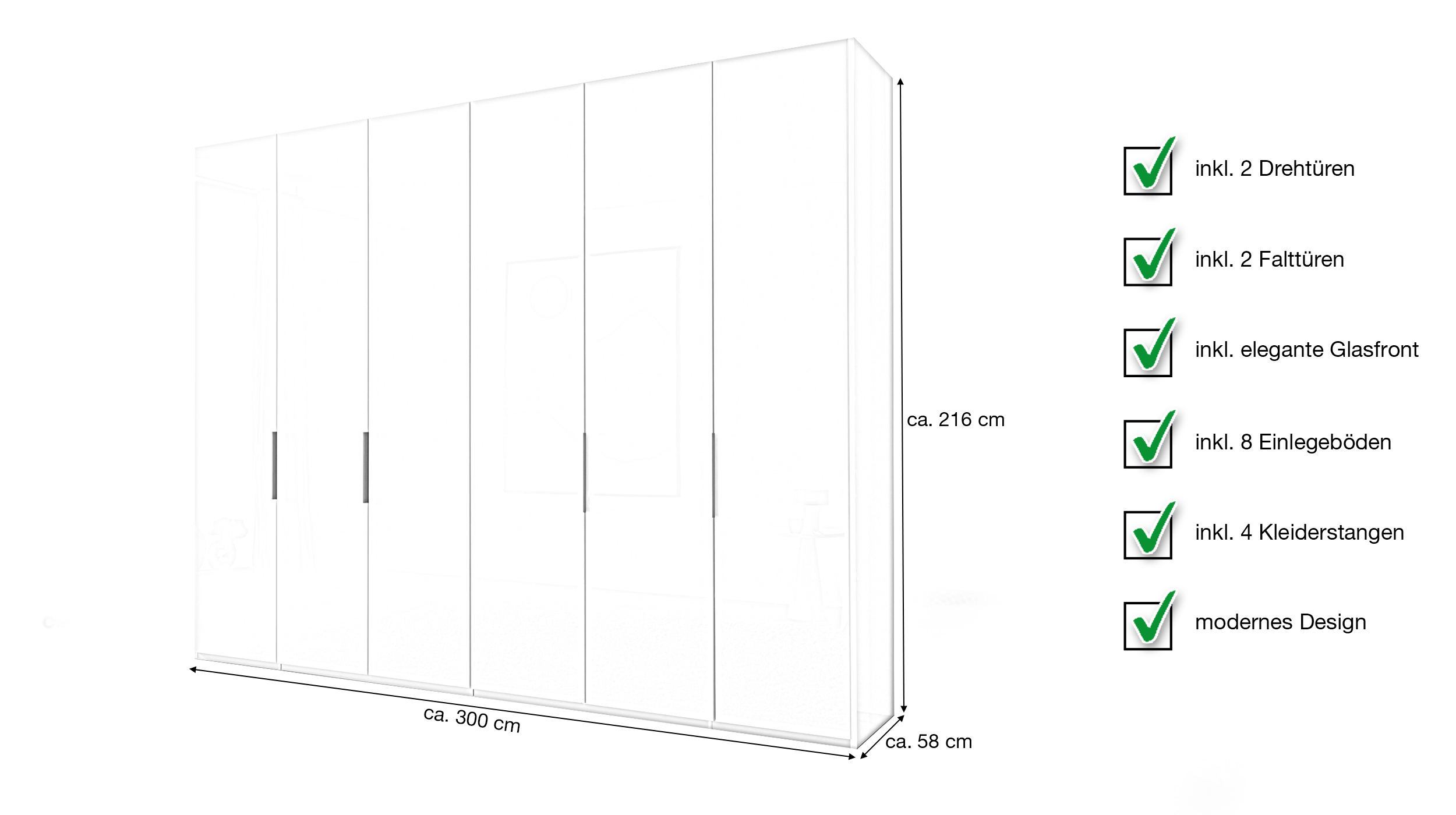 Kleiderschrank beige Glas 300 cm 4-türig - OHIO