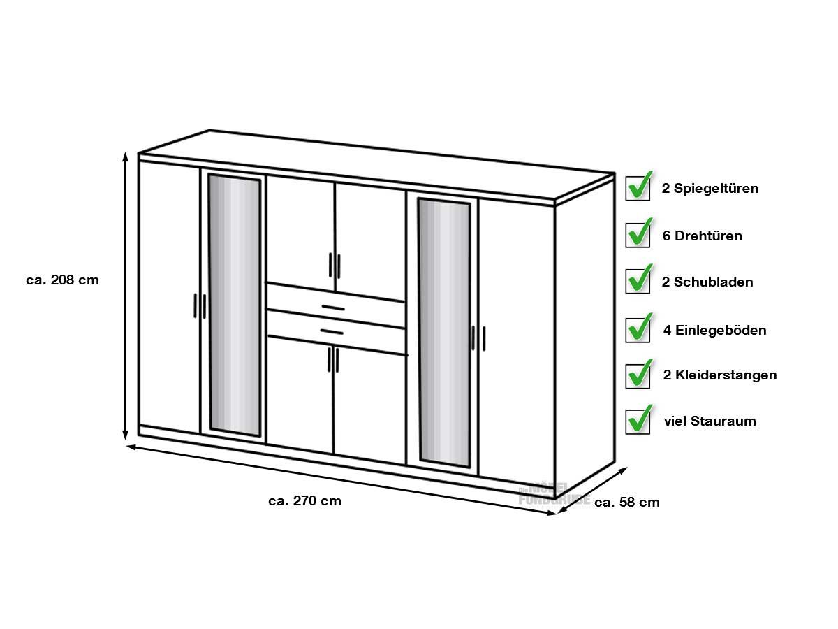 Kleiderschrank mit Spiegel - Sägerau Eiche - graphit - 270 cm - DIVER Kleiderschrank mit Spiegel - Sägerau Eiche - graphit - 270 cm - DIVER