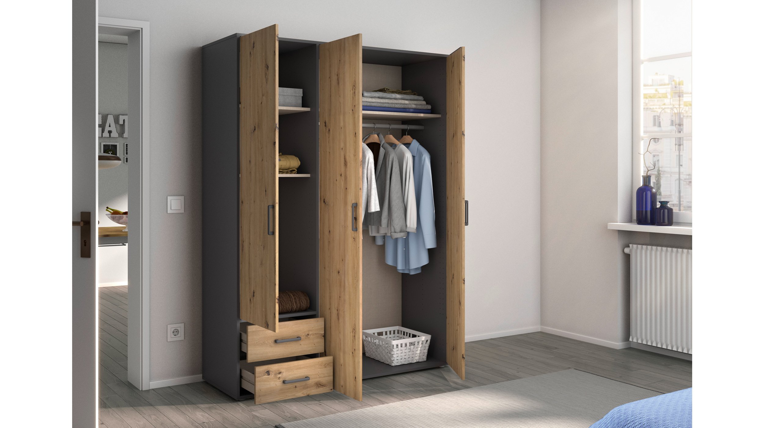 Kleiderschrank Artisan Eiche - grau - 140 cm - rauch - VOYAGER