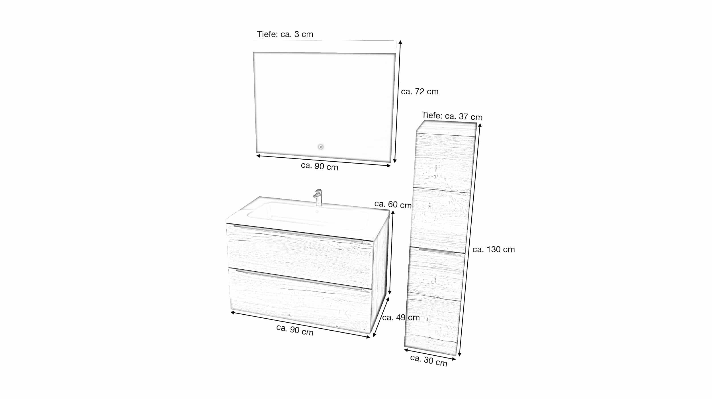 Badmöbel-Set Eiche - 3 Teile mit MS - Waschtisch 90 cm - SOLVEIG