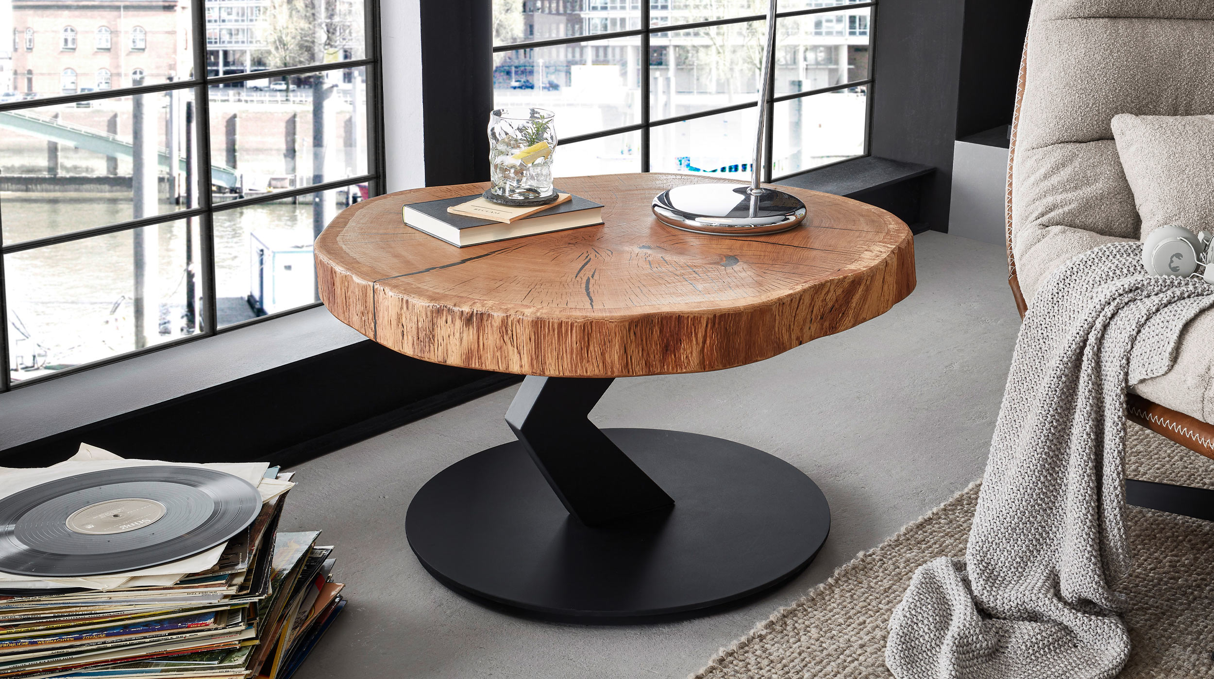 Couchtisch rund Baumscheibe Eiche massiv 75 x 45 cm - BILOXI