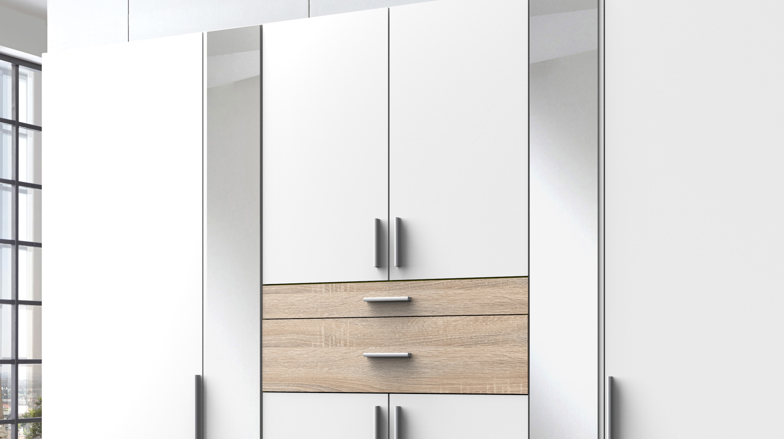Kleiderschrank mit Spiegel - weiß - Sägerau Eiche - 270 cm - CHEEP