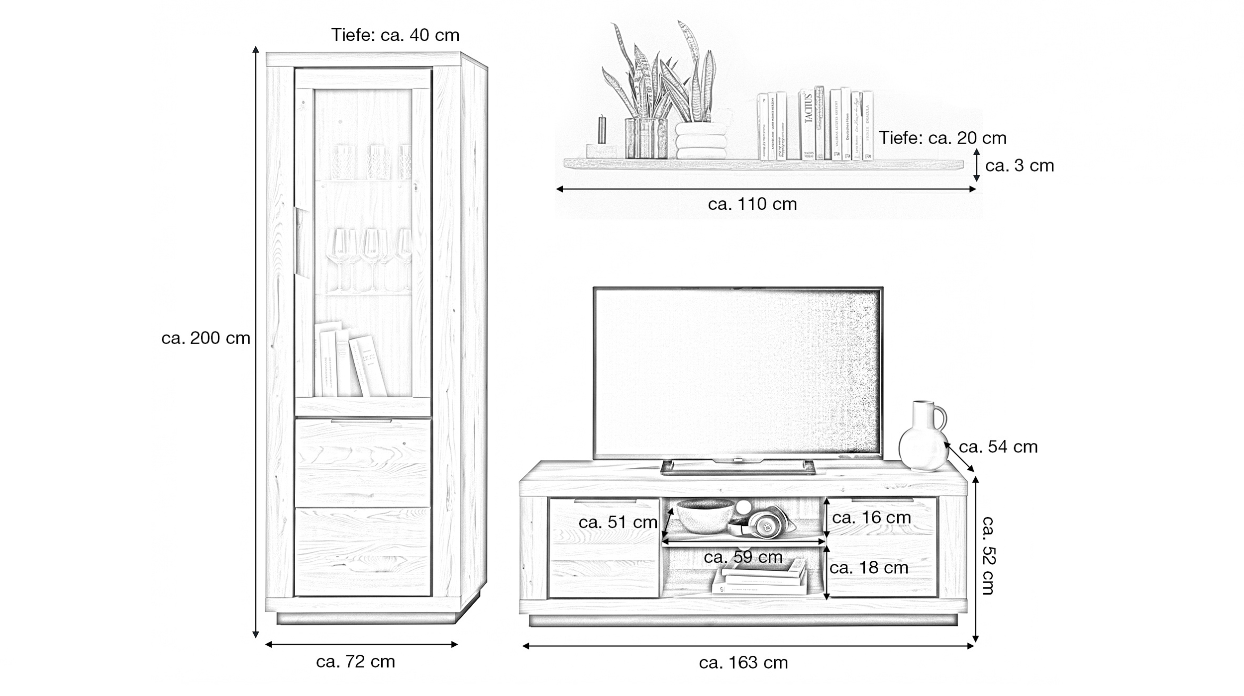 Wohnzimmer-Set Wildeiche 3-teilig mit Vitrine und TV-Lowboard - GRENO