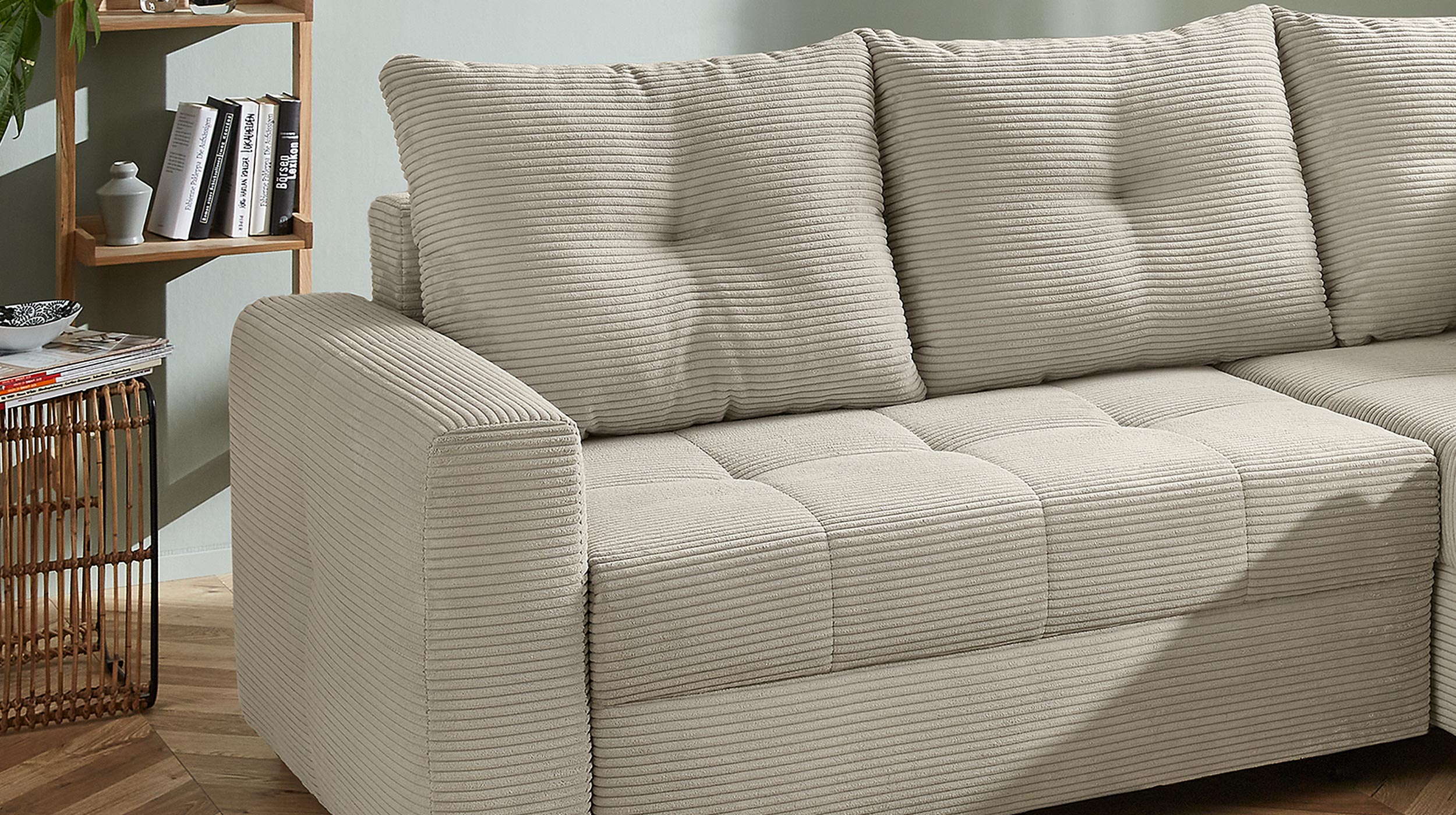 Ecksofa Cord grau - Schlaffunktion Bettkasten 228 cm - HEIDELBERG