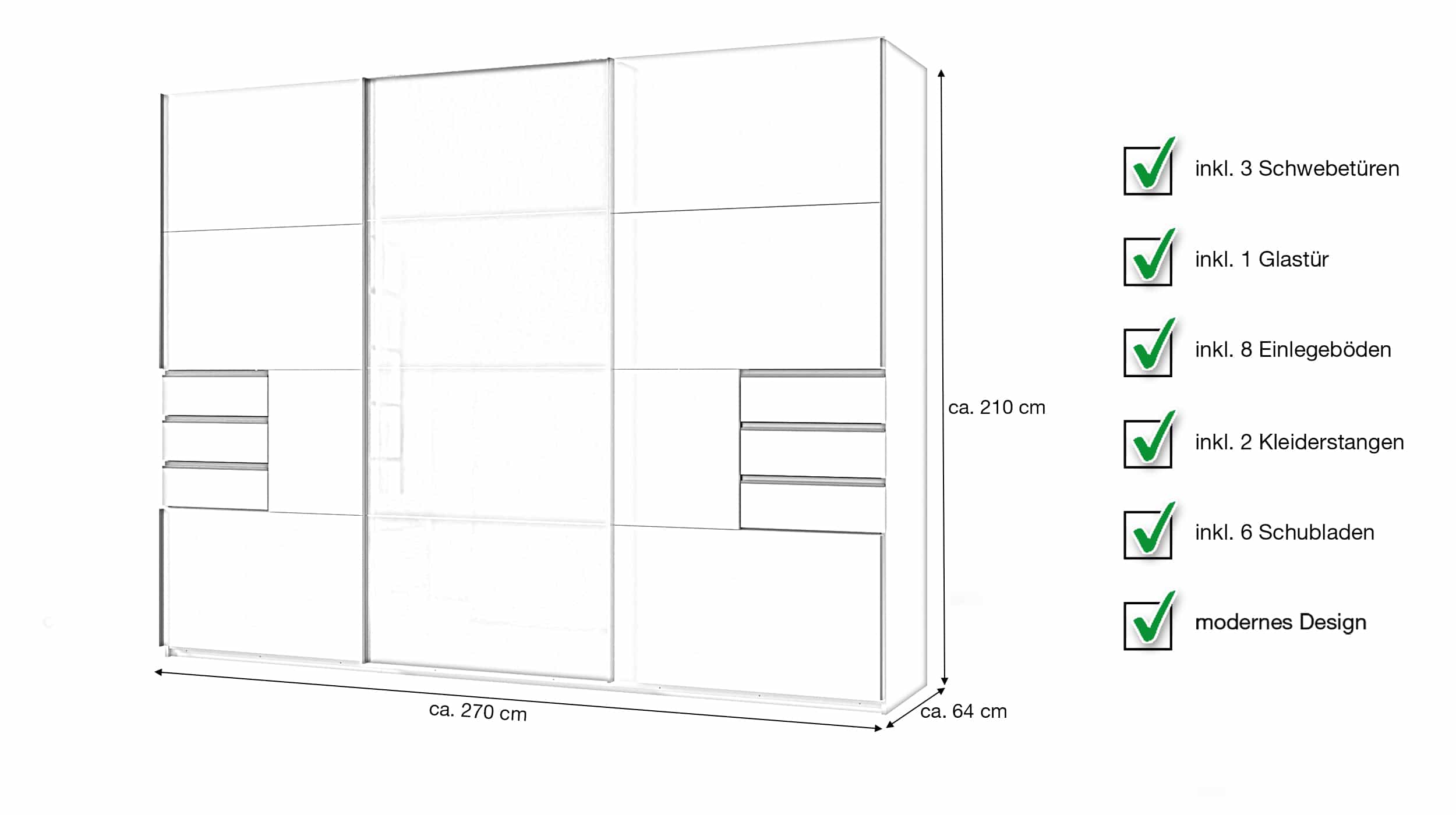 Schwebetürenschrank grau mit Glasfront - 270 cm - SAIGON