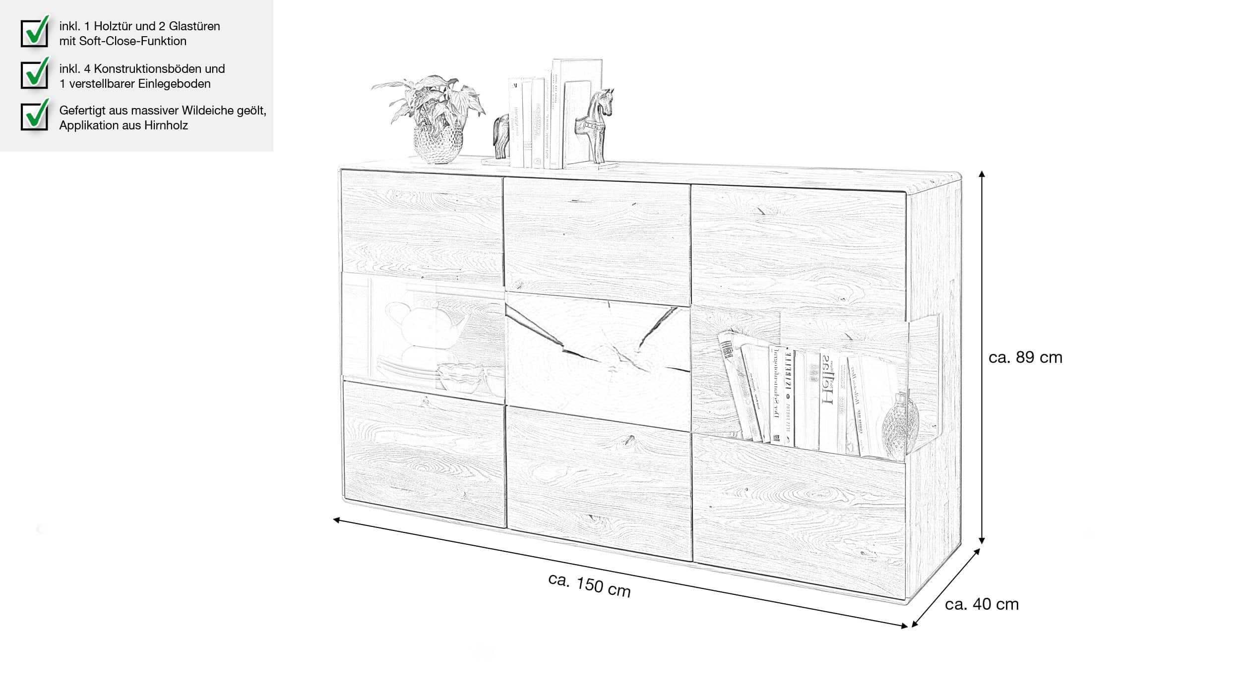 Sideboard mit 2 Glastüren Wildeiche massiv geölt 150 cm - TORVEN