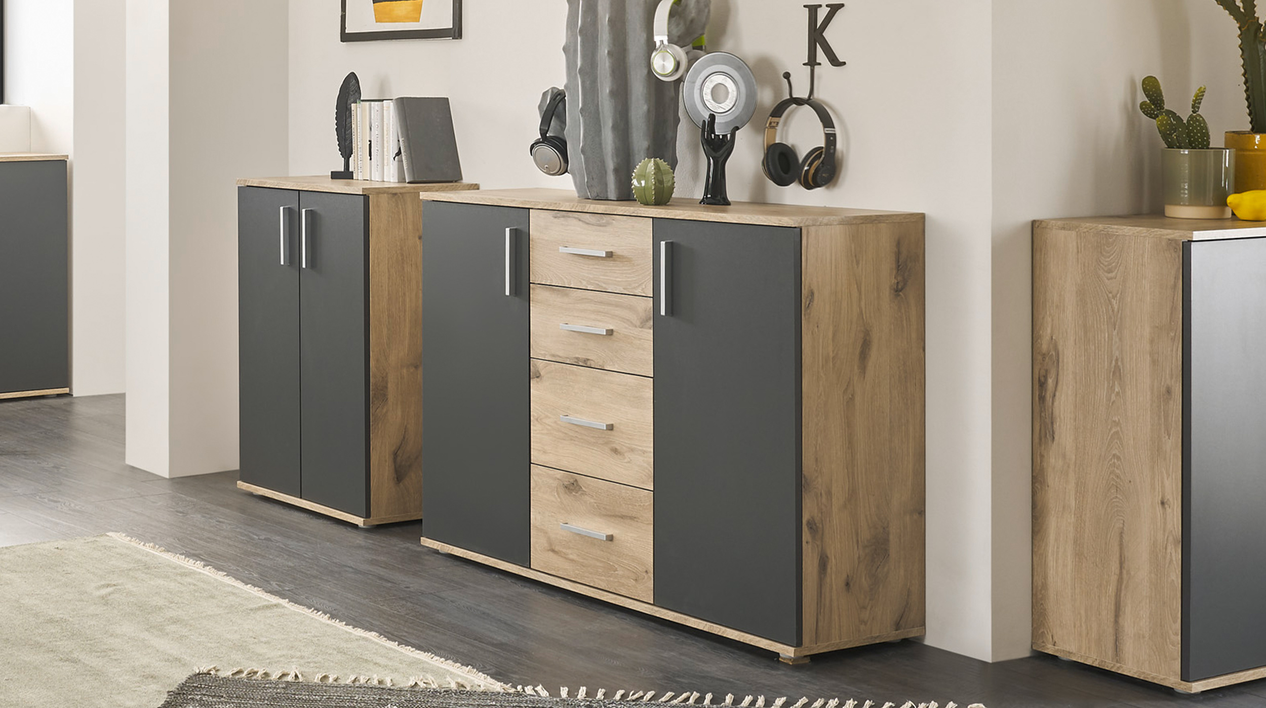 Kommode Viking Oak - grau 120 x 84 cm 4 Schubladen - BOBBY