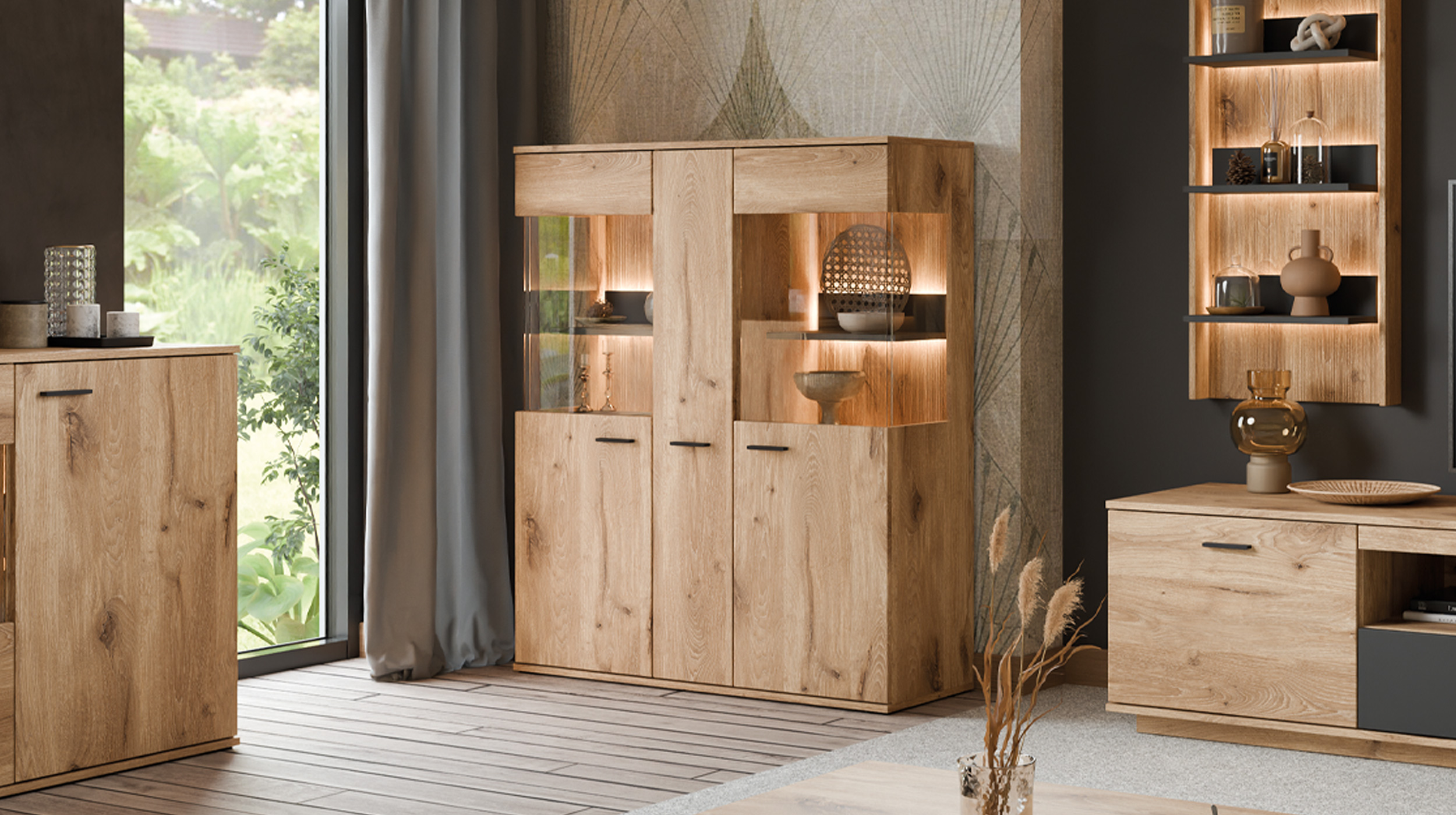Highboard mit 2 Glastüren Viking Eiche - Beleuchtung 115 cm - PARDOO