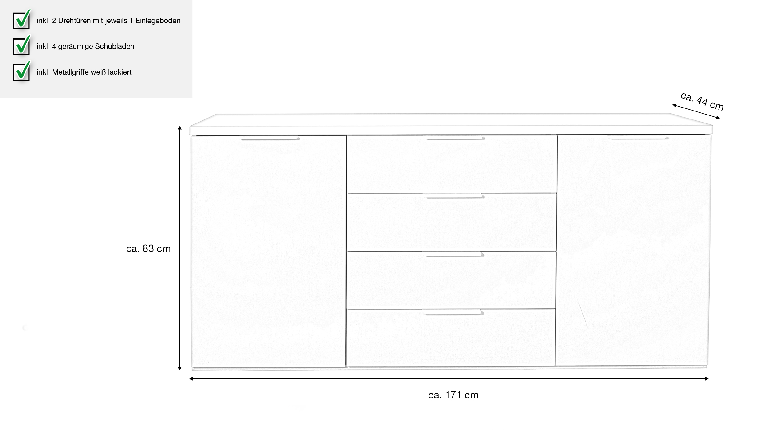 Sideboard weiß hochglanz 171 x 83 cm 4 Schubladen - MUNDI