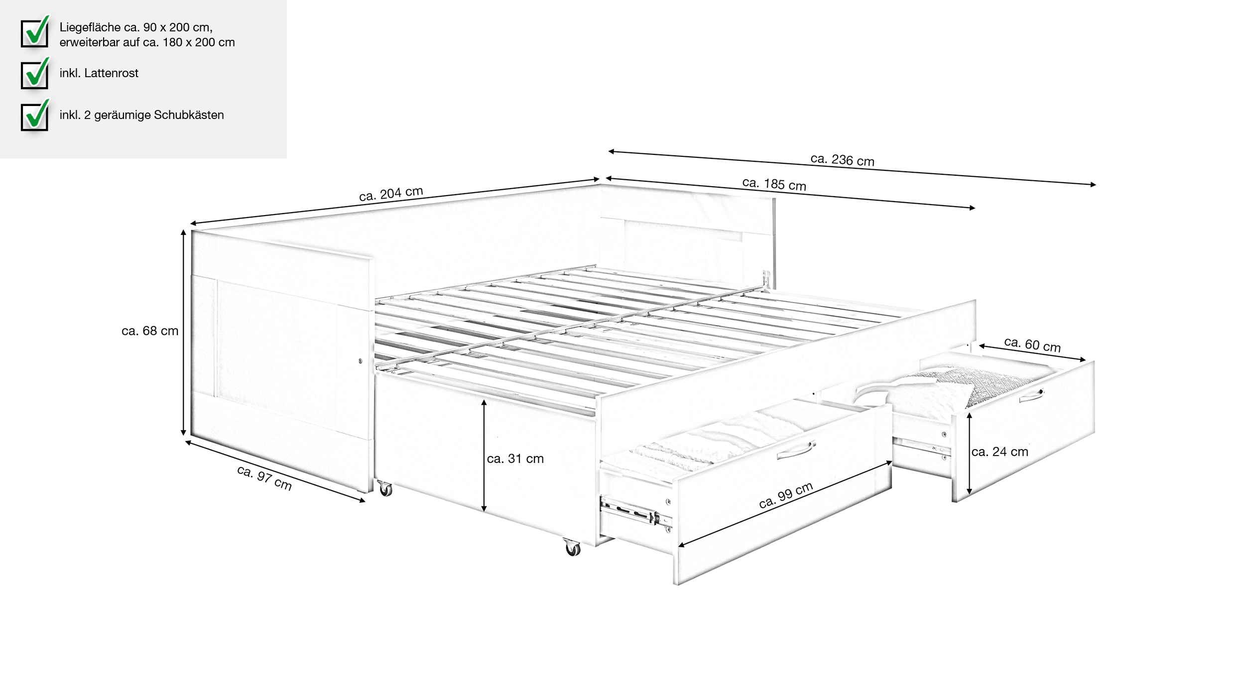 Jugendbett ausziehbar mit Schubladen weiß 90 x 200 cm - SALIAS