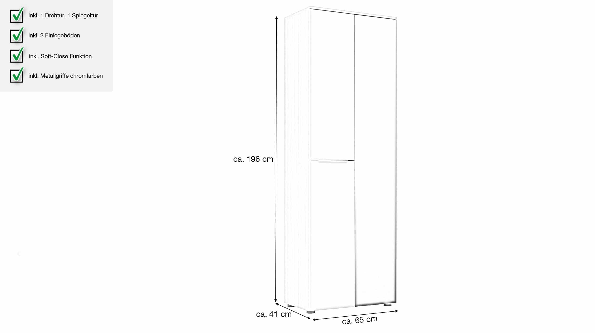 Garderobenschrank Spiegel beige Glasfront Eiche 65 cm - SANTORIN