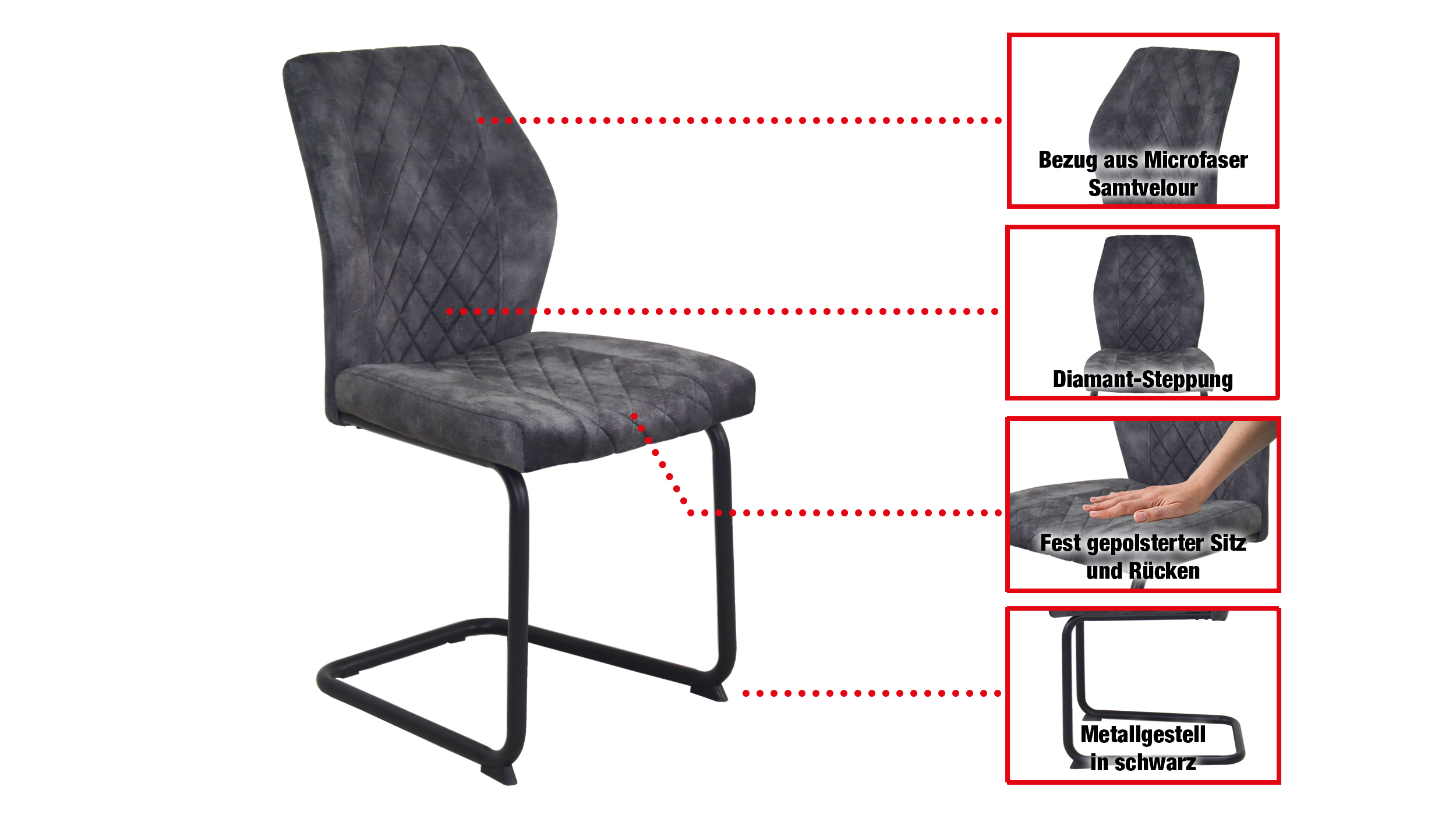 Schwingstuhl für Esszimmer anthrazit Microfaser Samtvelour - OLDE