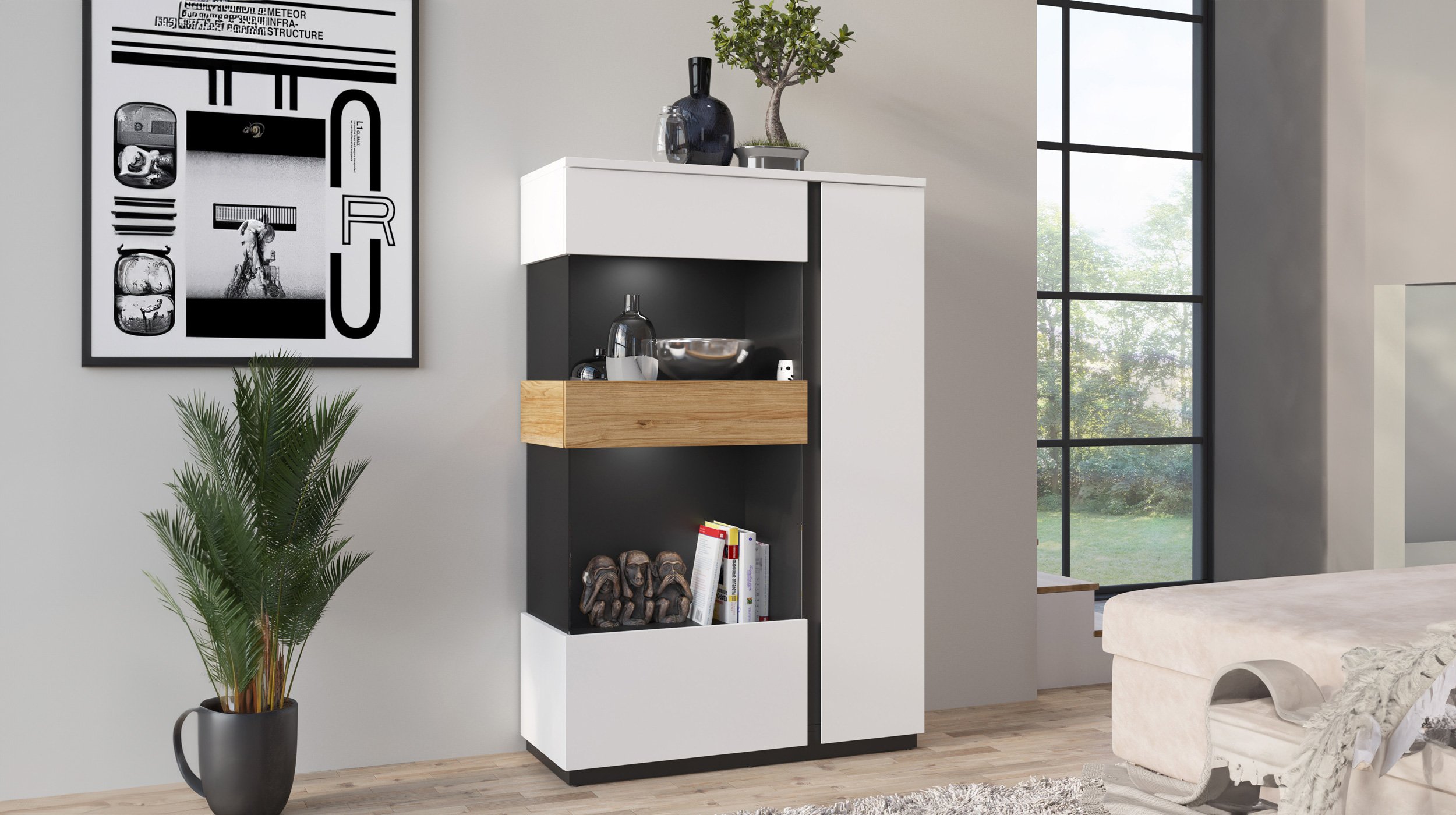 Vitrine mit Glastür alpinweiß - Catania Eiche Breite 98 cm - NOVENA