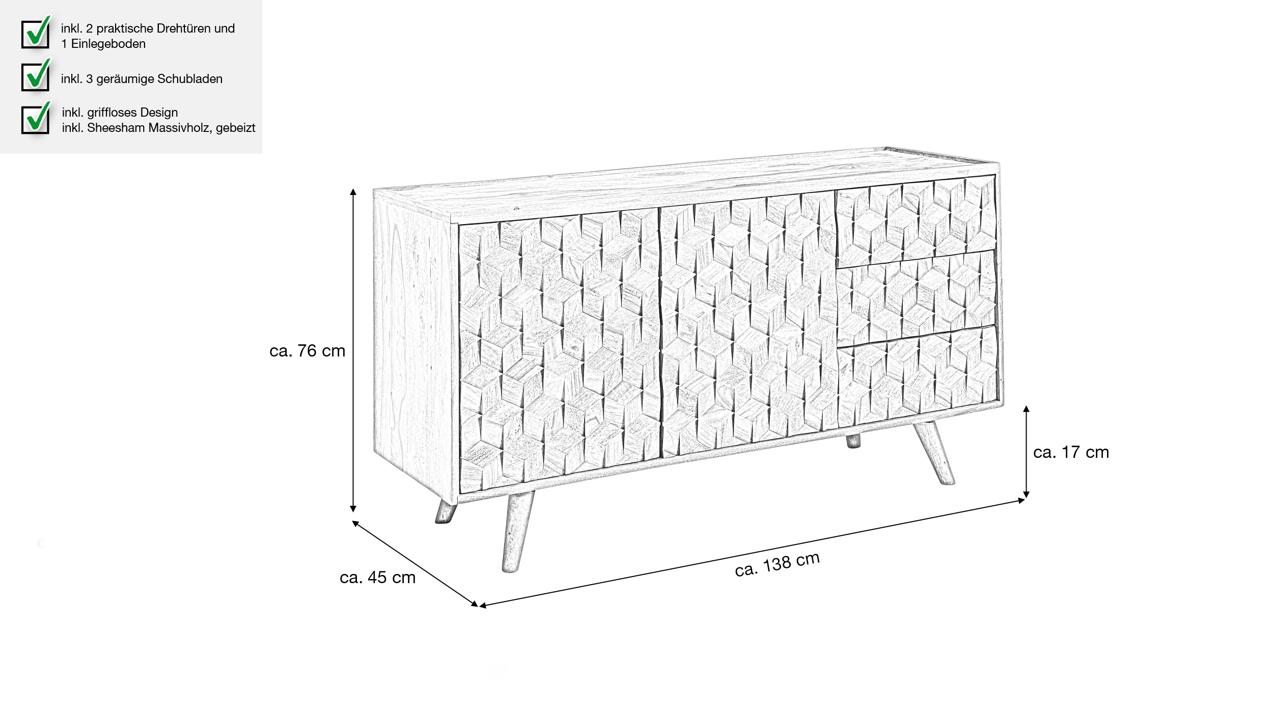Sideboard mit 3 Schubladen Sheesham massiv gebeizt 138 cm - SUNE