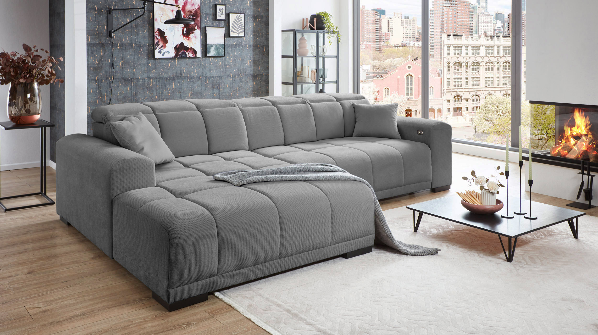 Ecksofa grau 301 x 195 cm - Sitztiefenverstellung - MASTER