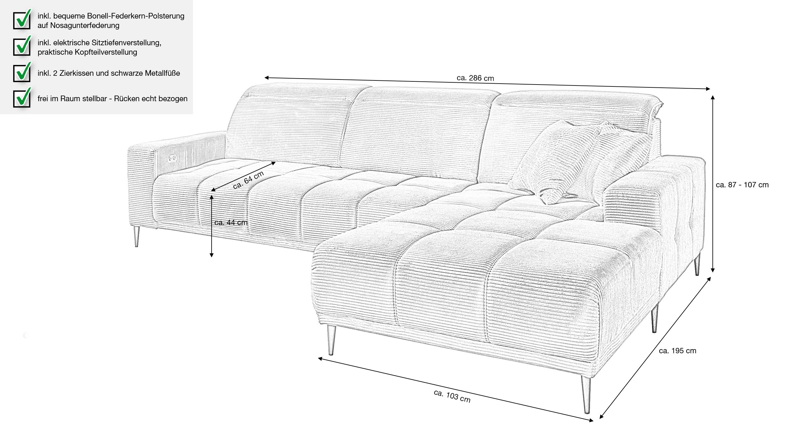 Ecksofa Cord grau 286 x 195 cm - MARISOL