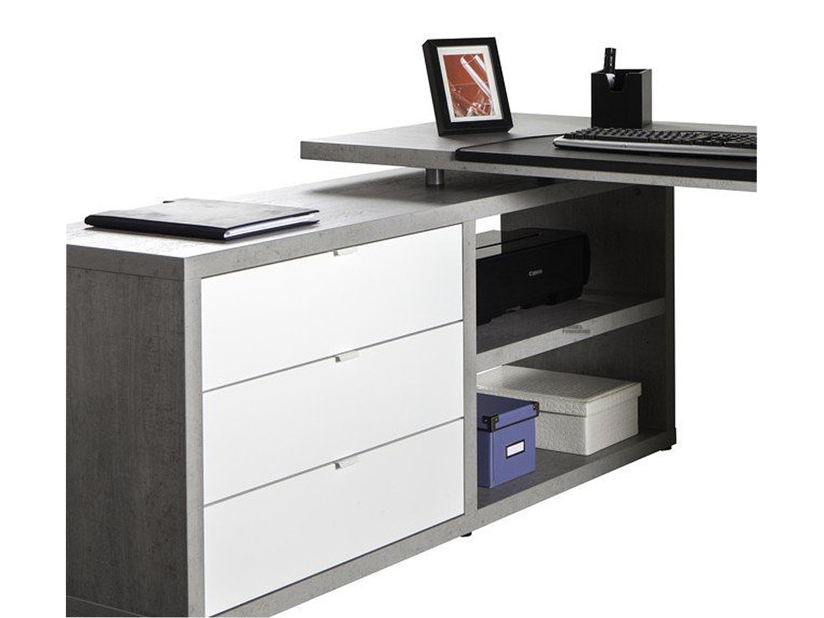 Eck-Schreibtisch 150 cm Betonoptik - weiß hochglanz - PRATICO
