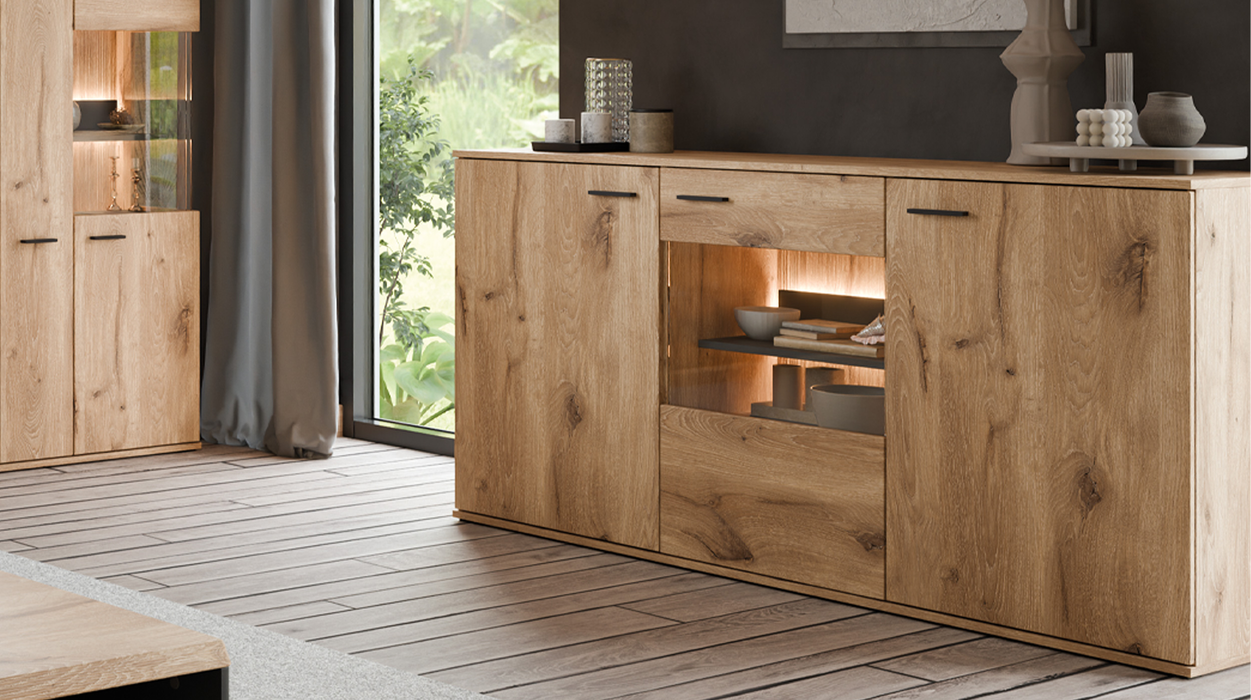 Sideboard mit Glastür Viking Eiche - Beleuchtung 160 cm - PARDOO