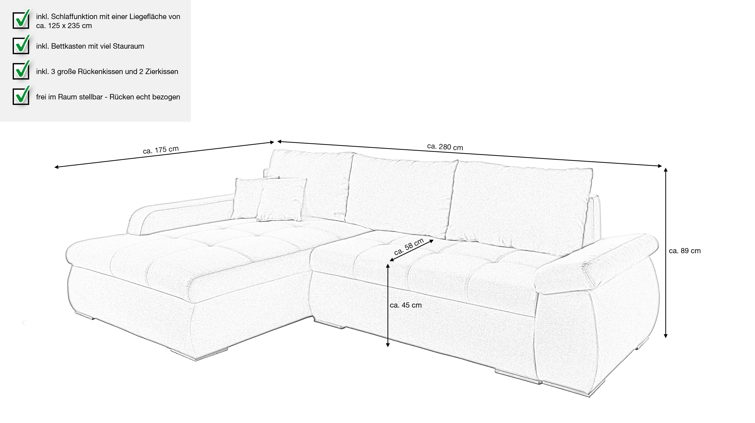 Ecksofa grau 280 x 175 cm Schlaffunktion - RACHEL