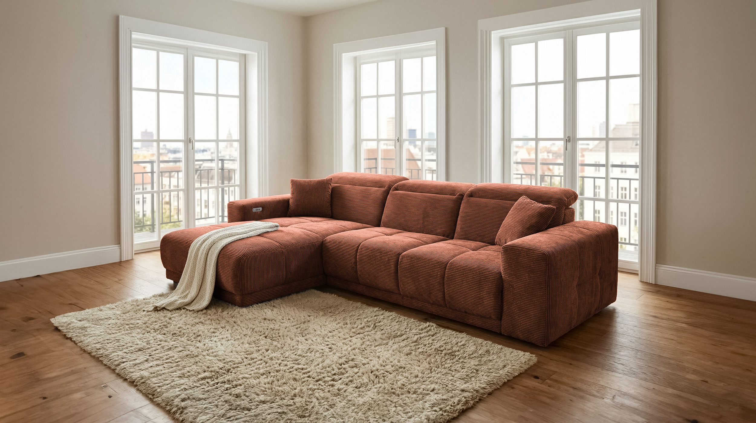 Ecksofa Cord rost 302 x 167 cm mit Relaxfunktion - OT links - TONI