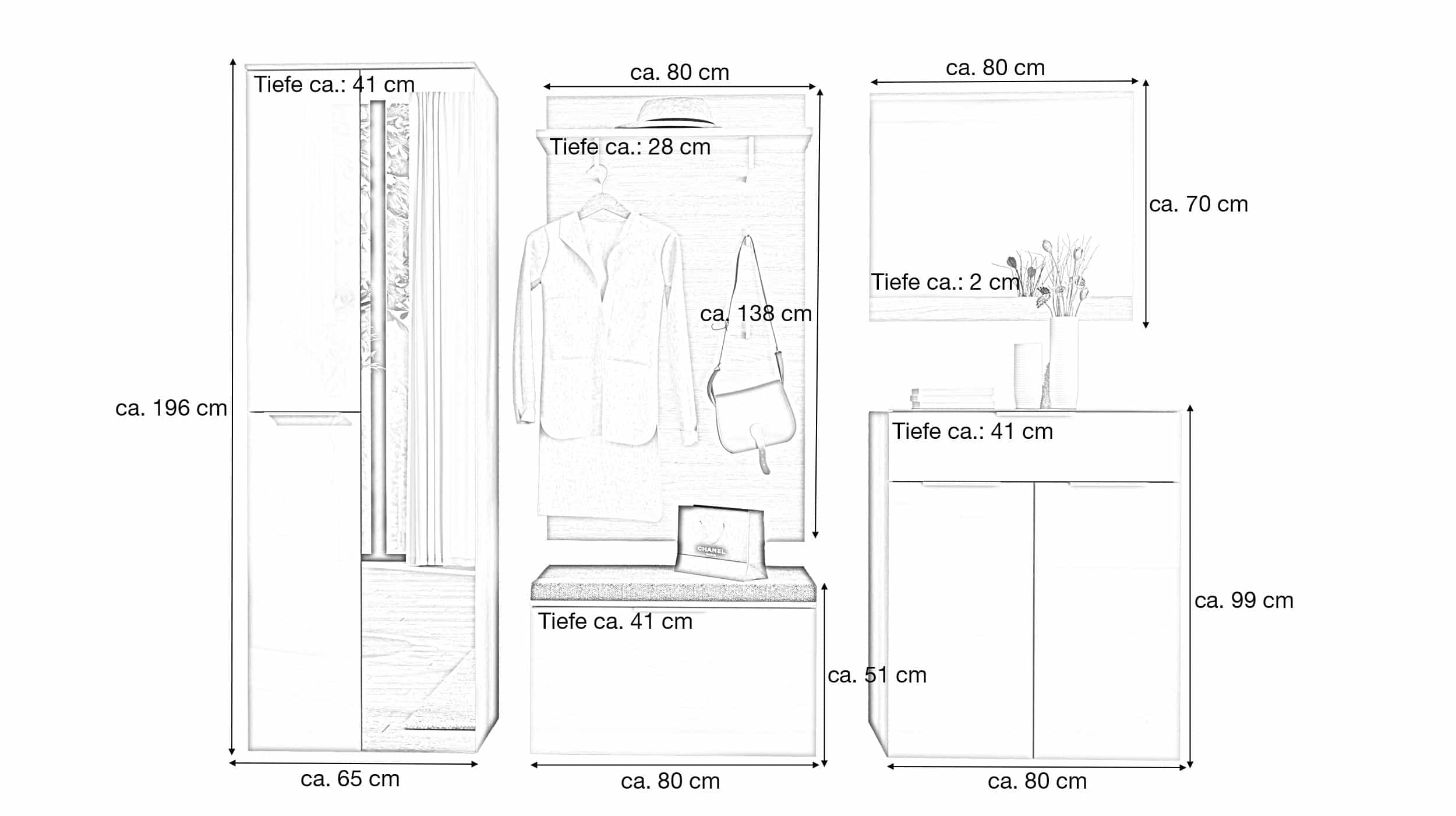 Garderoben-Set weiß Glasfront 255 x 196 cm - SANTORIN
