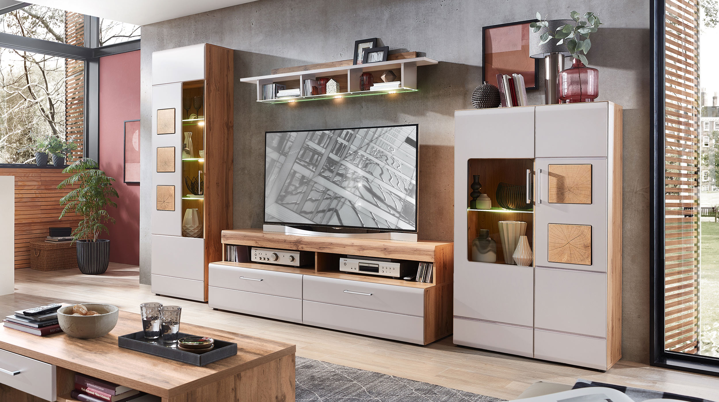 Wohnwand beige Eiche 340 cm - LED-Beleuchtung - SINFONIE  Wohnwand beige Eiche 340 cm - LED-Beleuchtung - SINFONIE