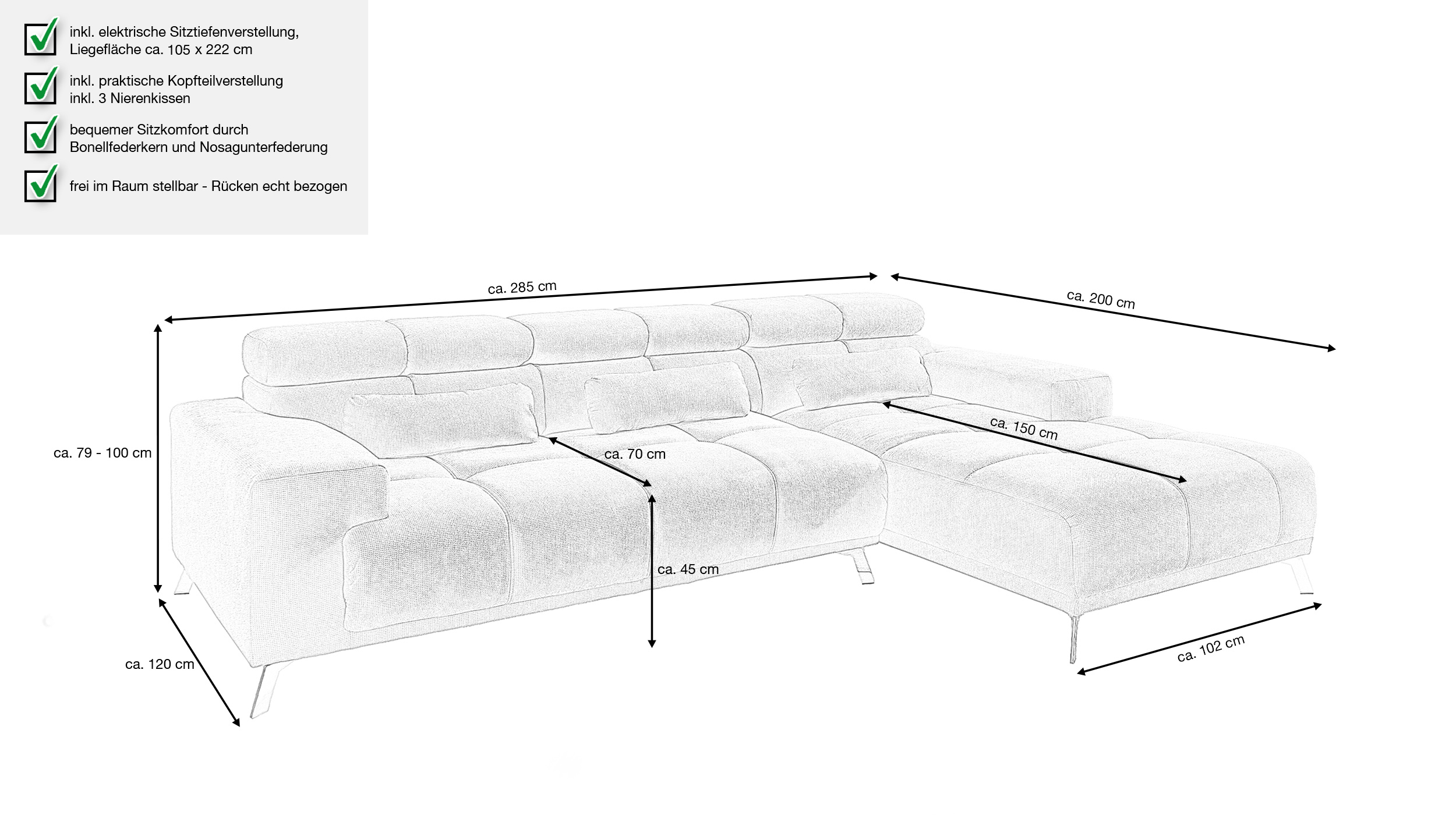 Ecksofa Sitztiefenverstellung grau 285 x 200 cm - SPEED