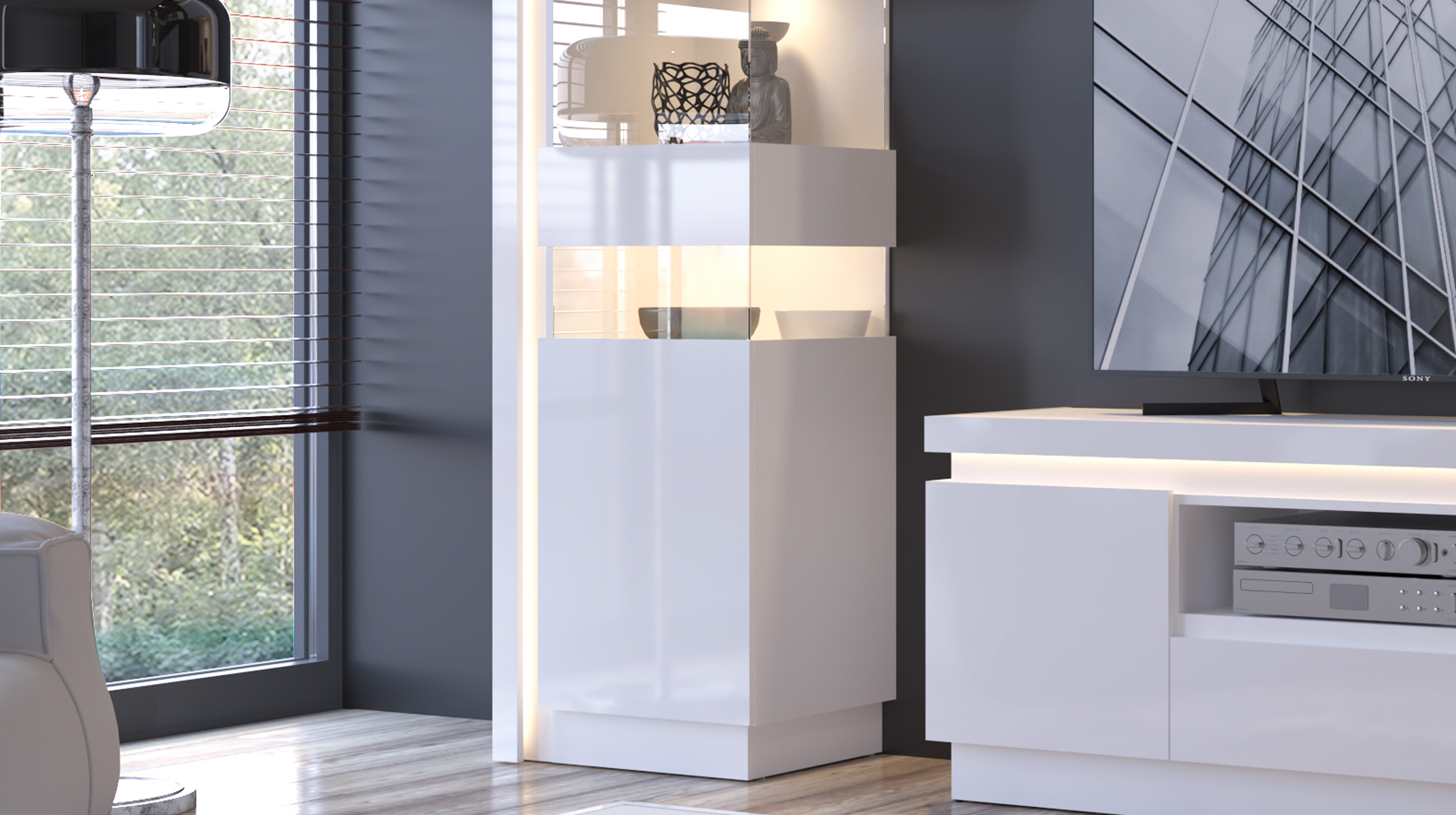 Vitrine mit Beleuchtung weiß Hochglanz Breite 60 cm - LYON