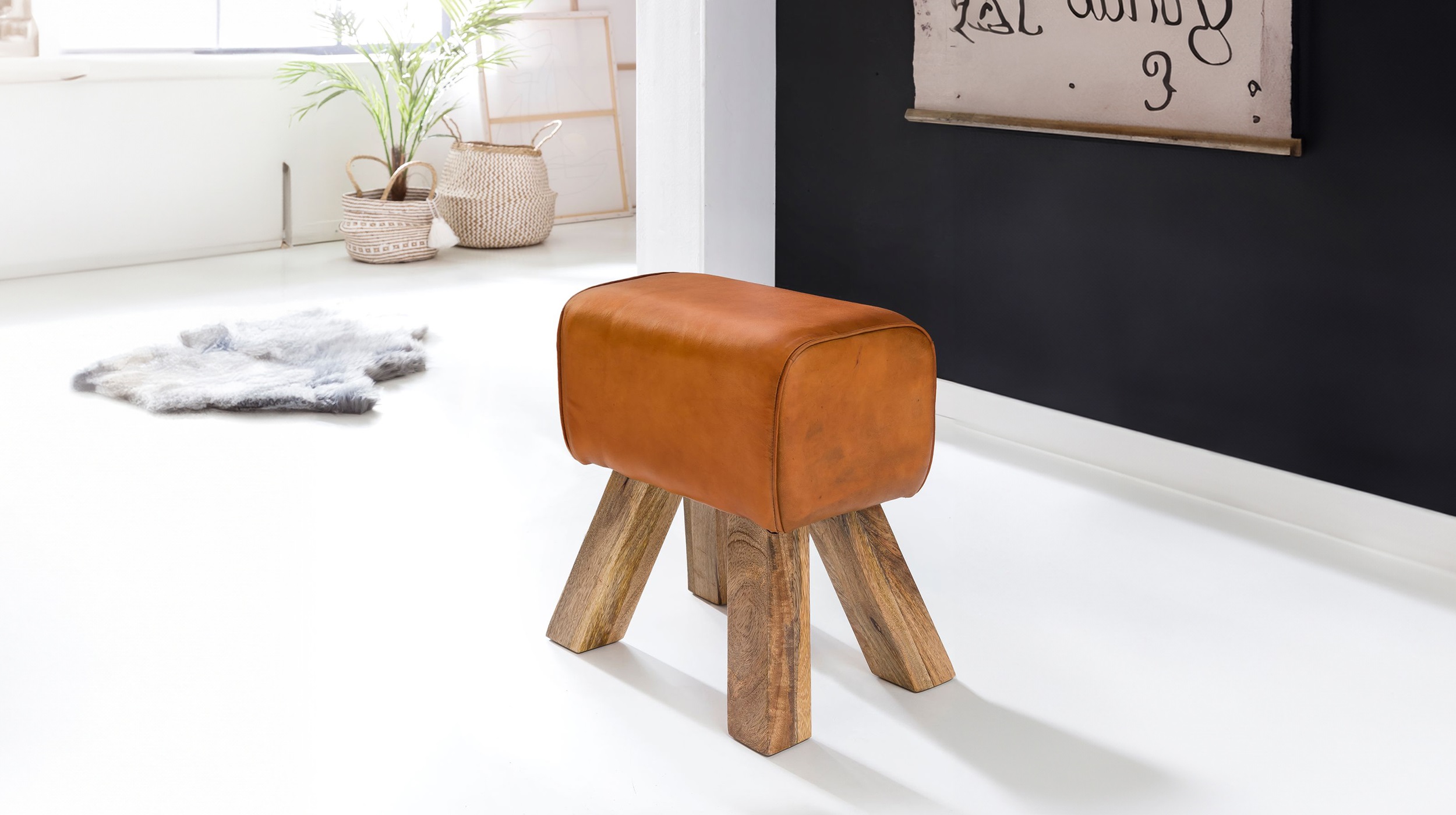 Sitz- & Fußhocker Echtleder Mango massiv lackiert - SORNAS 