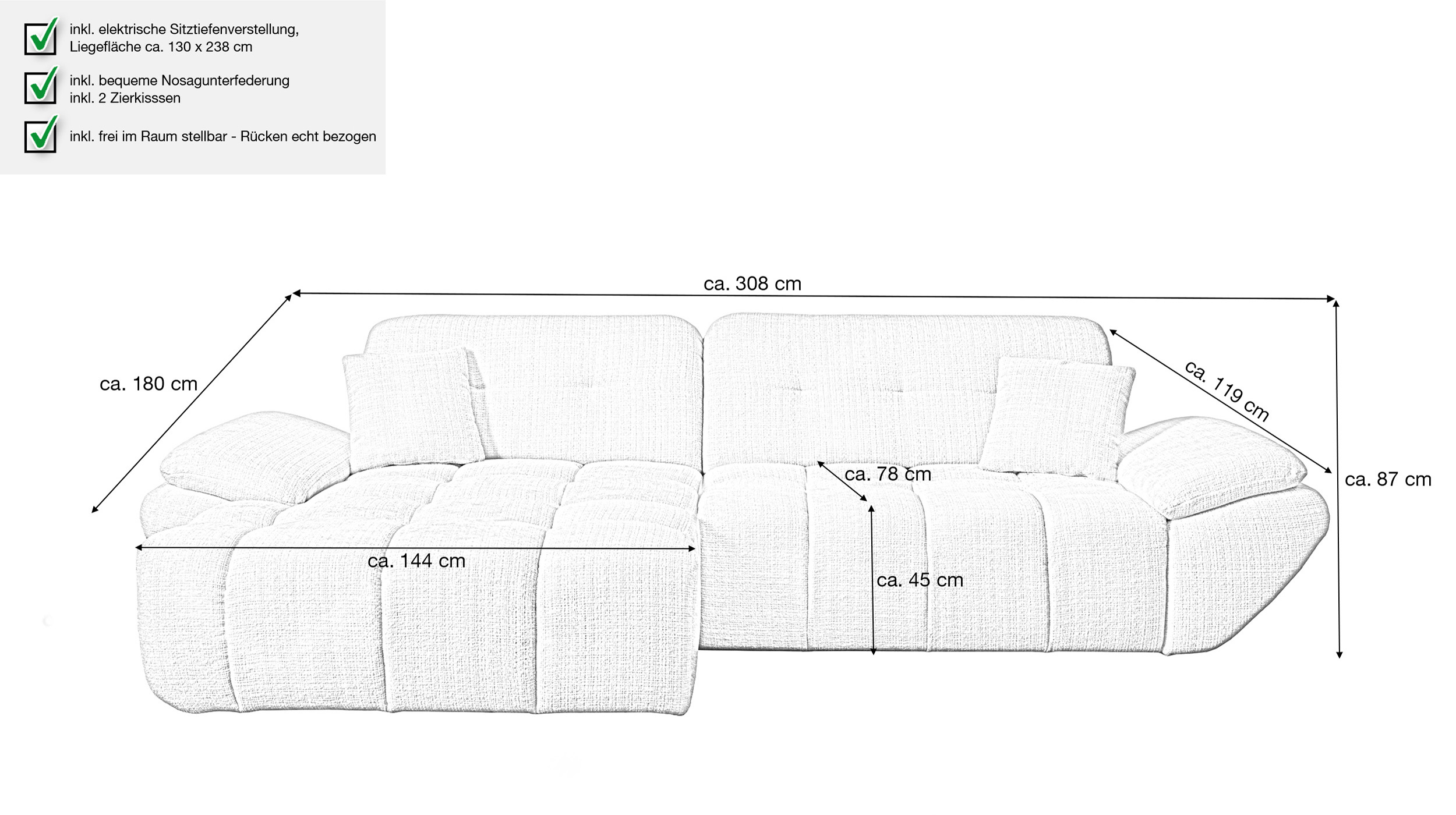 Ecksofa creme elektrisch ausfahrbar 308 cm - HUGO