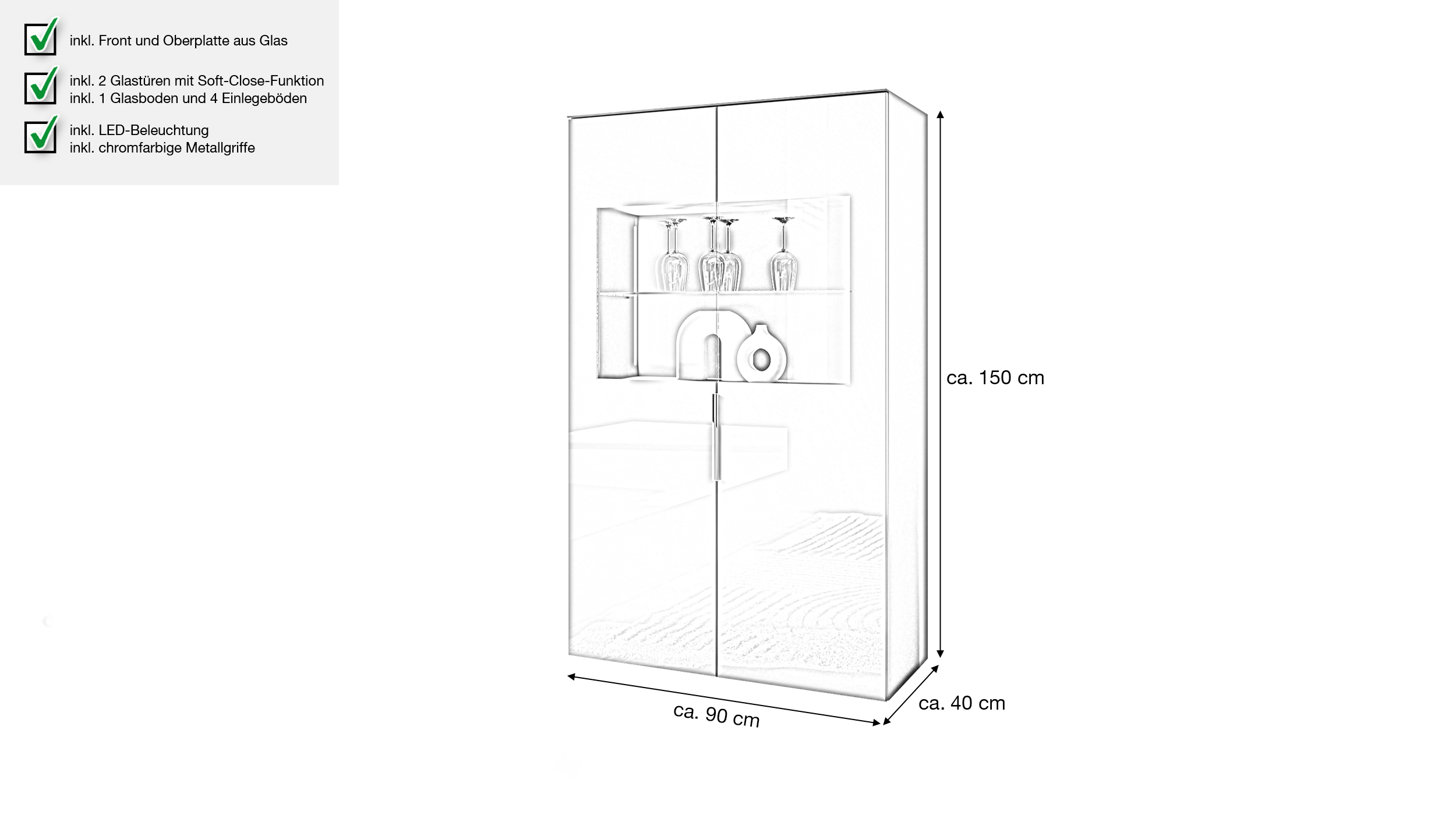 Vitrine mit Beleuchtung weiß - Glasfront - Breite 90 cm - SANTORIN