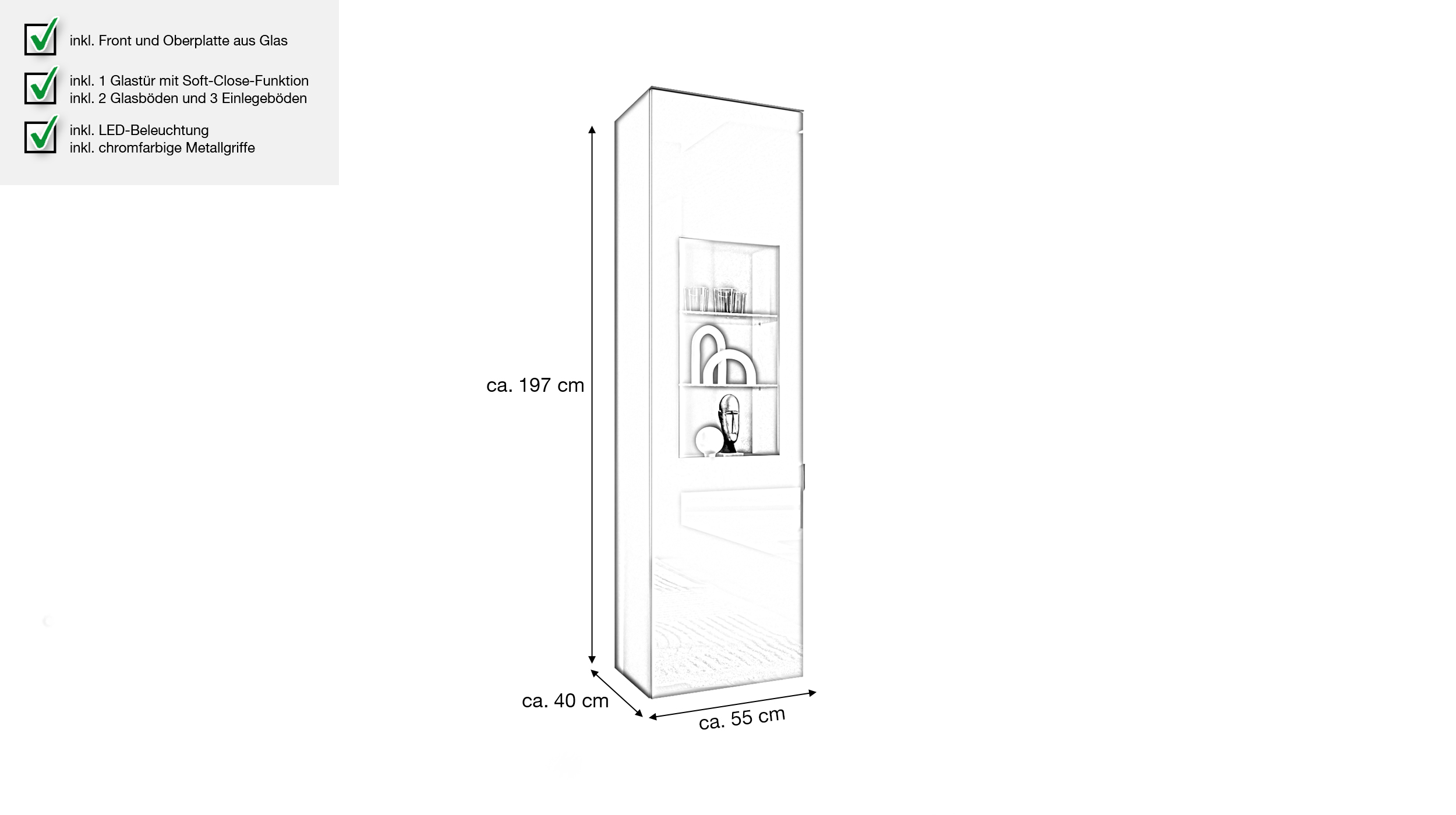 Vitrine mit Beleuchtung weiß - Glasfront - Breite 55 cm - SANTORIN