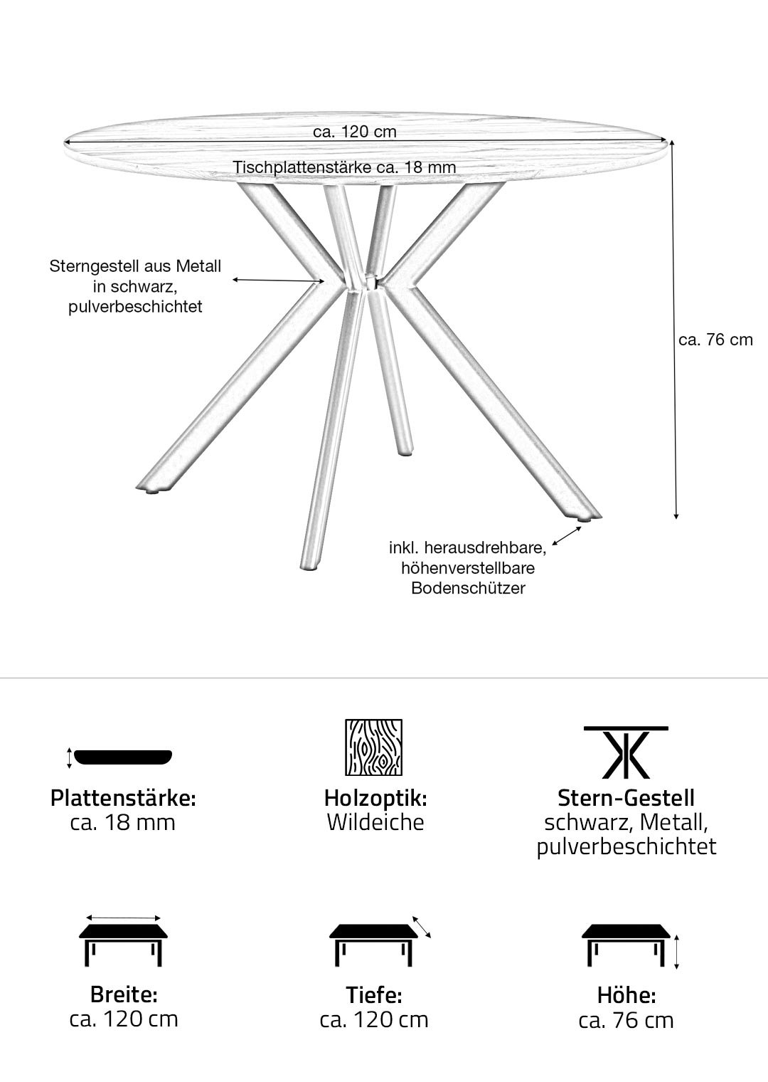 Esstisch rund Wildeiche Optik 120 cm Sterngestell schwarz - YARA