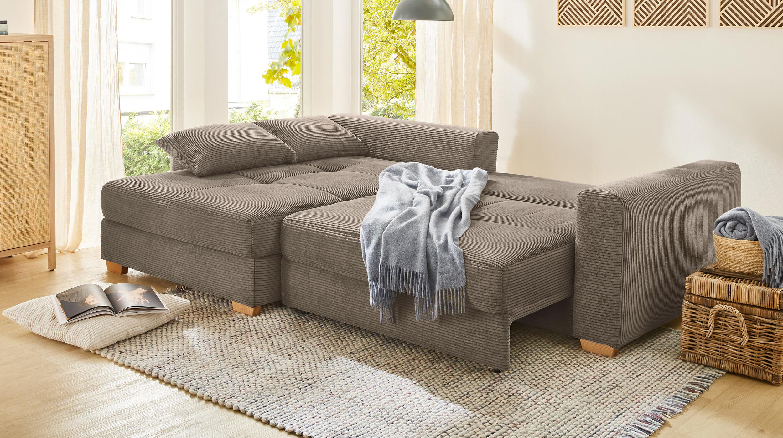Ecksofa Cord taupe Schlaffunktion Bettkasten 288 x 186 cm - KAMPEN