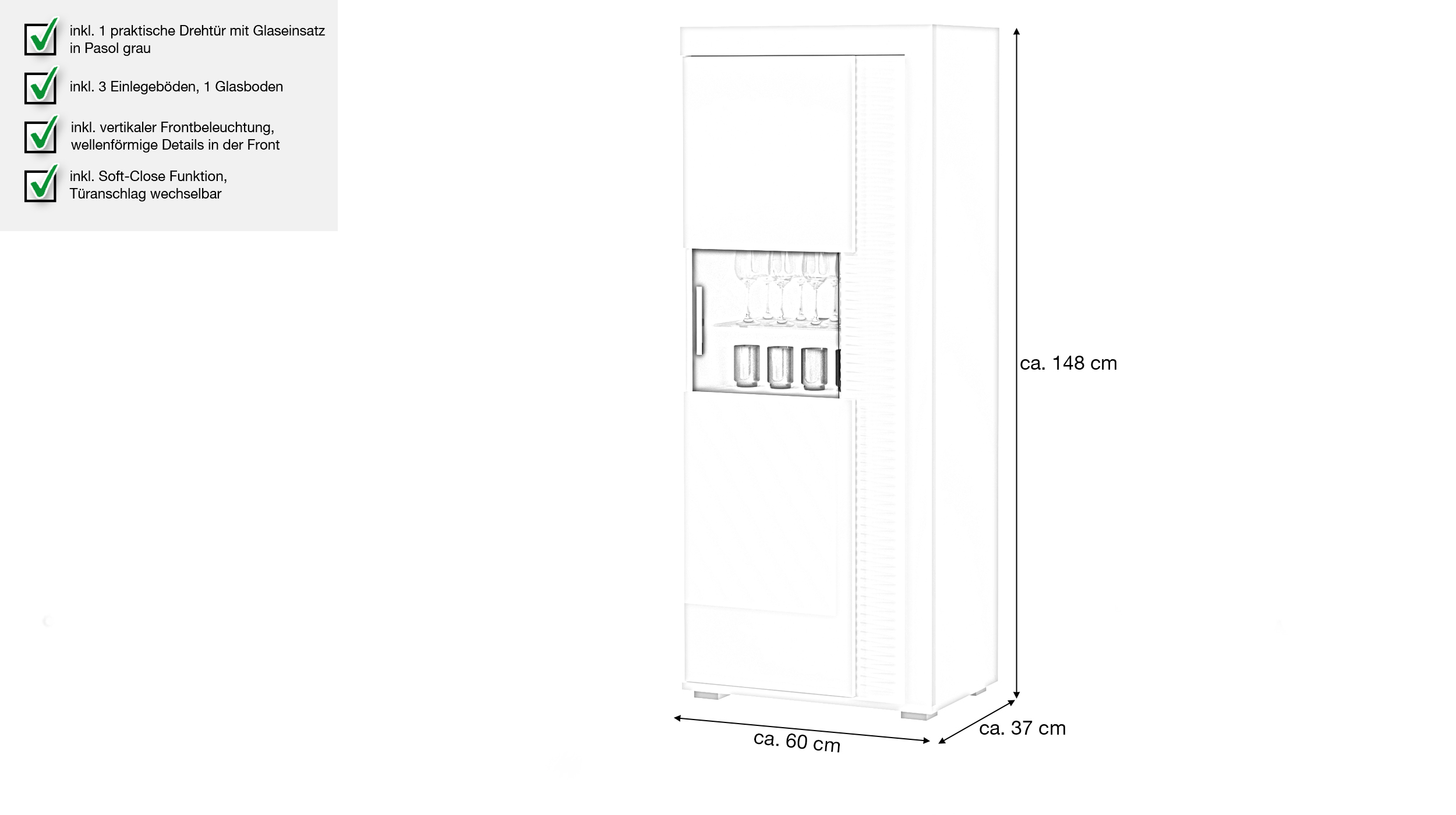 Vitrine mit Glastür weiß hochglanz 60 x 148 cm - SKYLIGHT