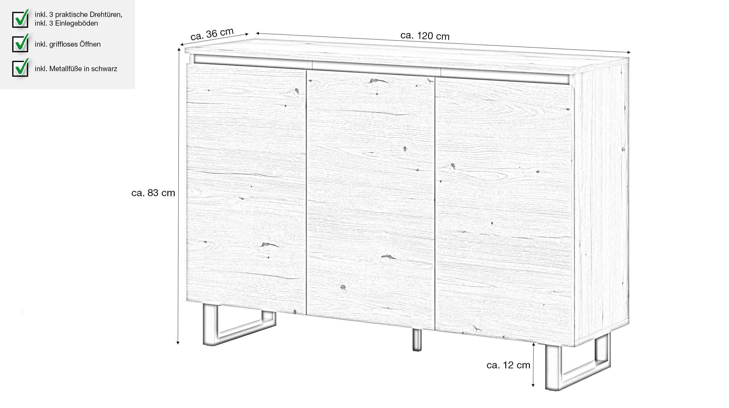Sideboard Evoke Eiche 3-türig 120 x 36 cm - TOMASA