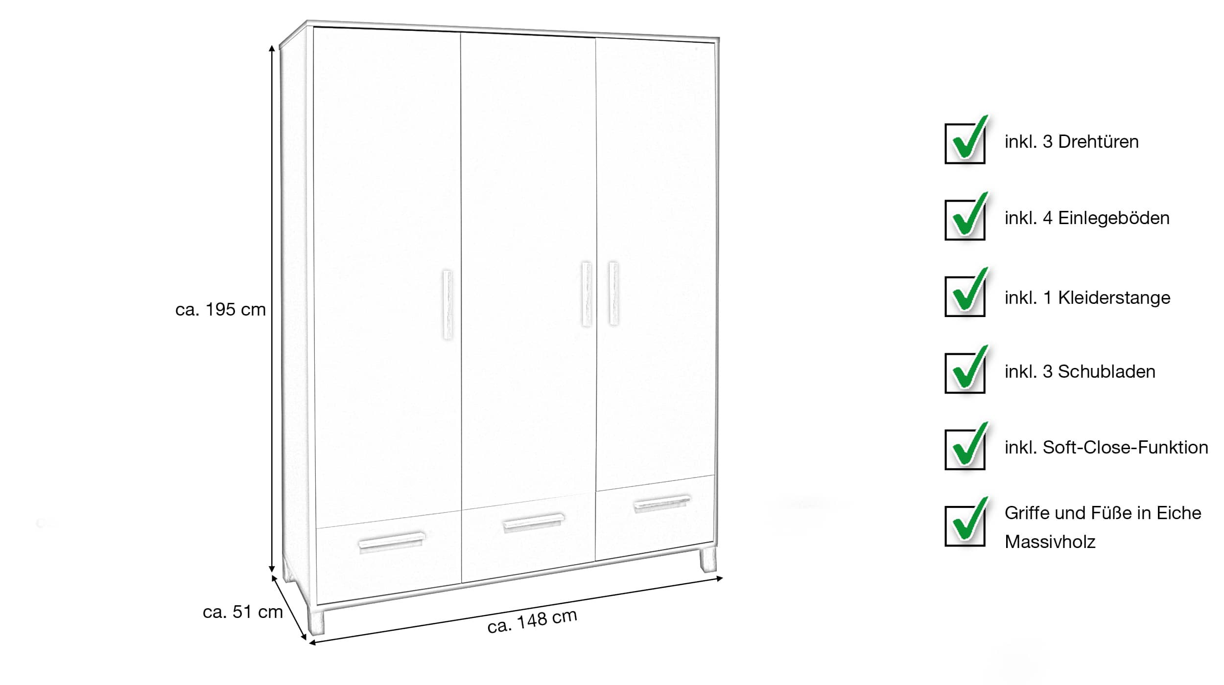 Kleiderschrank grün 148 cm - 3-türig - OLI