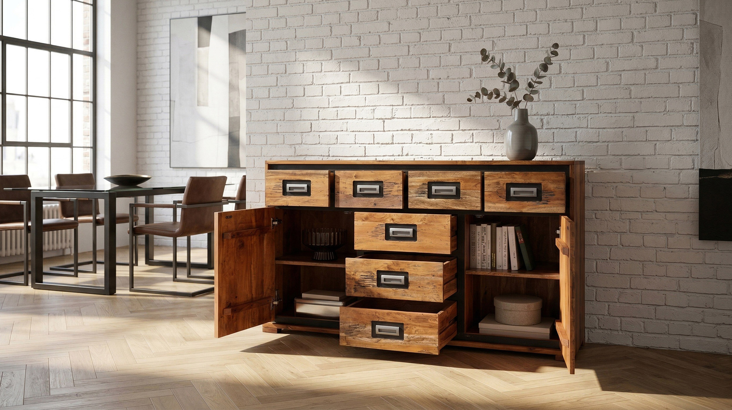 Sideboard Akazie Altholz massiv montiert - 150 cm - NARVIK