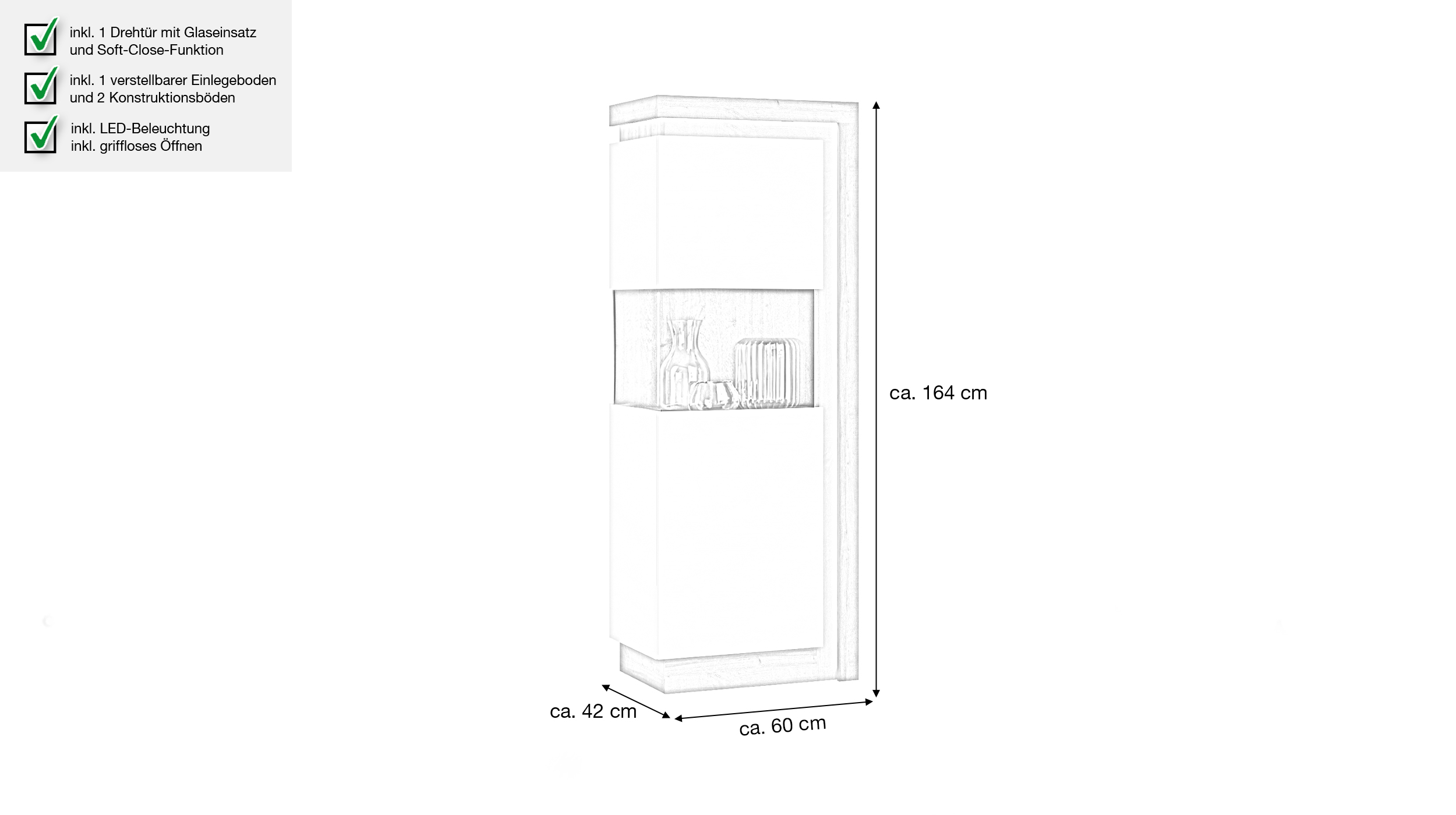 Vitrine mit Beleuchtung weiß Hochglanz - Riviera Eiche Breite 60 cm - LYON