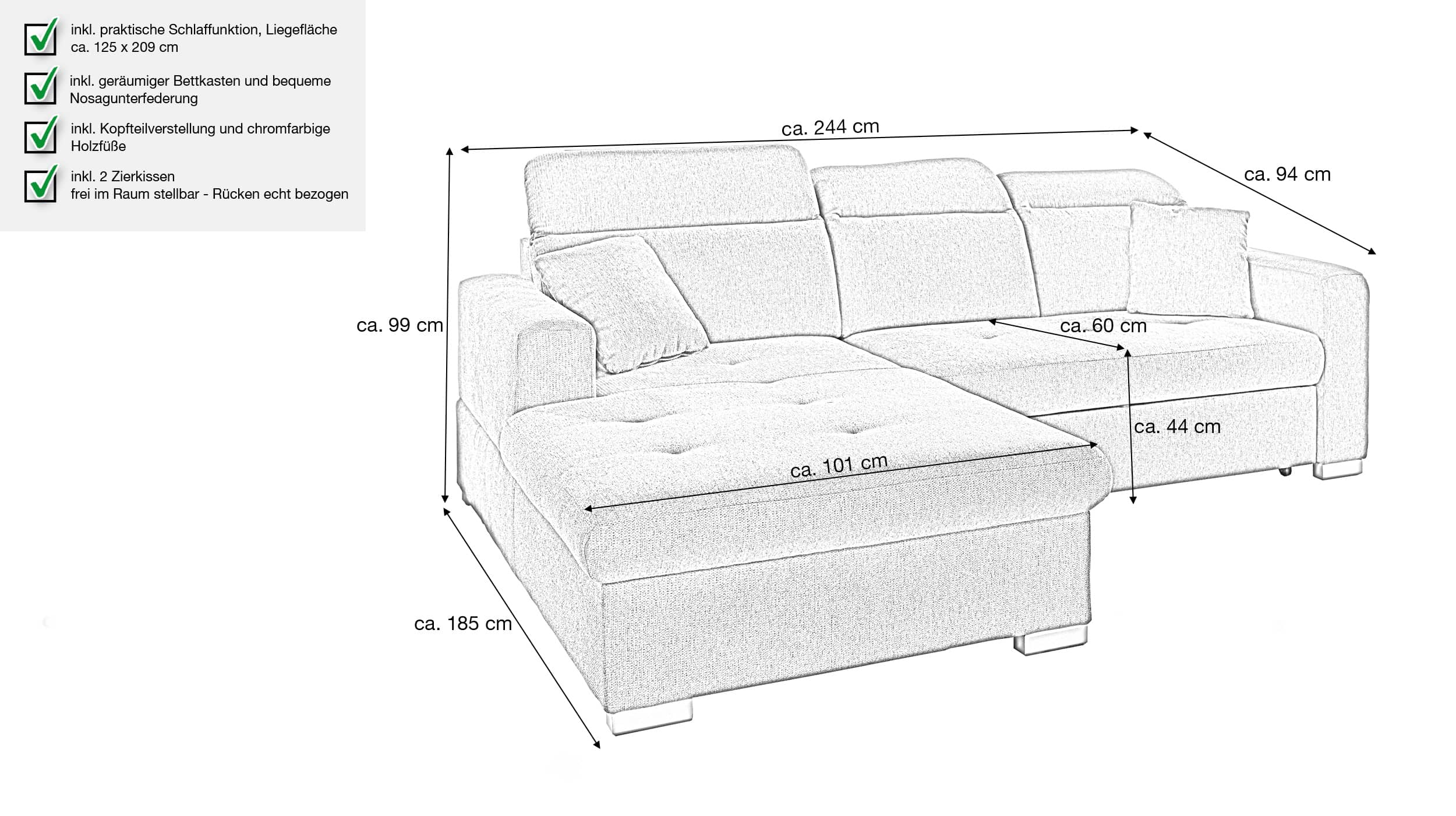 Ecksofa mit Schlaffunktion grau Bettkasten 244 cm - SIGNUM